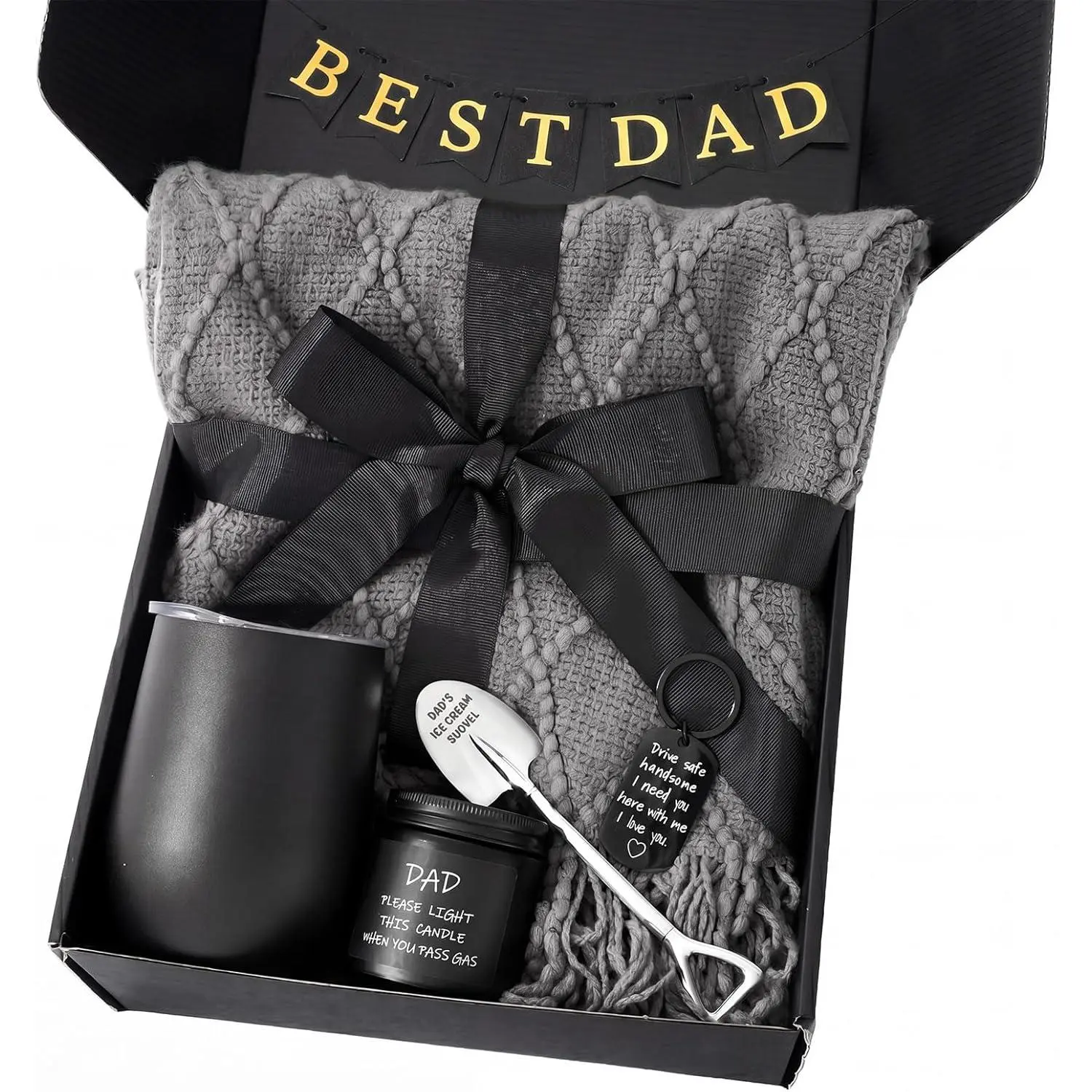 Patelai Men's Gift Basket Set - Bed Blanket, Cup, Spoon, Scoop, Keychain, Candle, Banner, Box - Retirement, Christmas Present for Dad, Husband Birthday Recovery Favor, Knit, Male