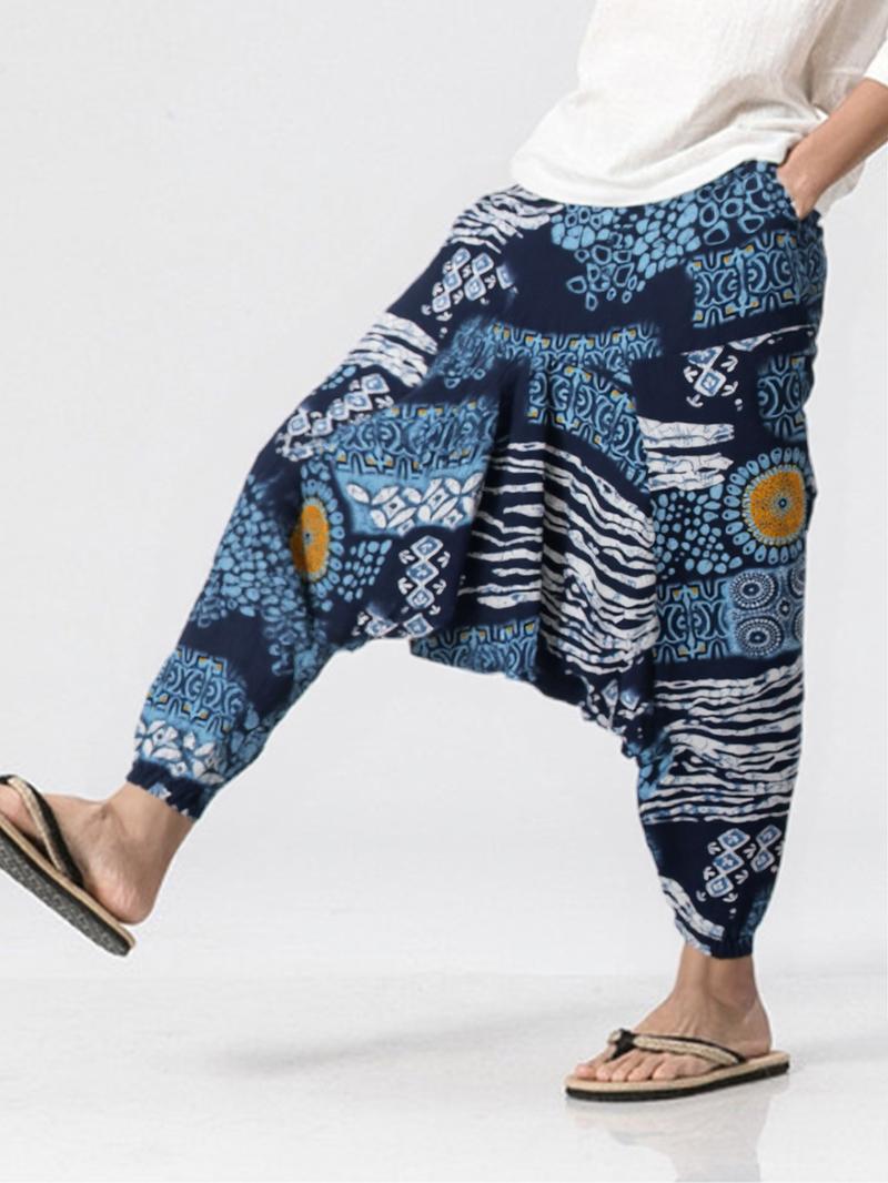Men's Tribal Pattern Tie Waist Harem, Boho Casual Comfy Trousers for Daily Wear, Men's Bottoms for Summer, Bohemian Trousers