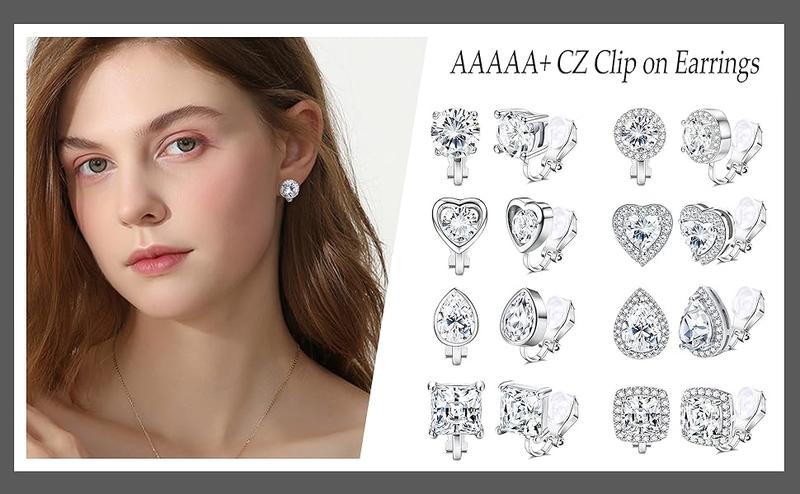 (No Piercing Needed) Clip-On Earrings Set with Cubic Zirconia Hypoallergenic White Gold plated Studs for Sensitive Ears Unisex comfort fit