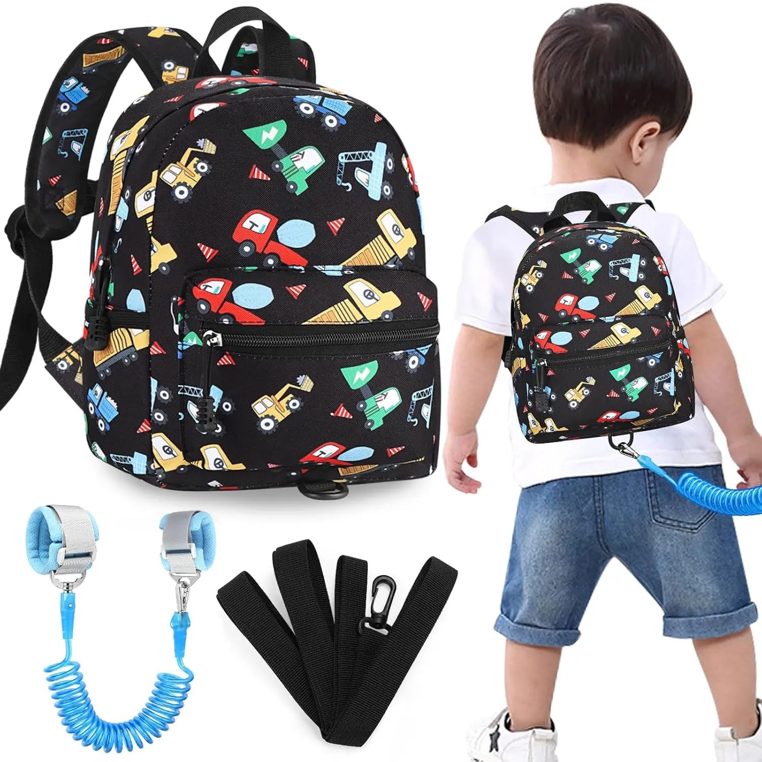 Toddler Harness Backpack Leash, Cute Excavator Kids Backpack with Anti Lost Wrist Link, Mini Child Backpack Wristband Tether Strap and Protection Leashes for Boys Aged 1-3 Years