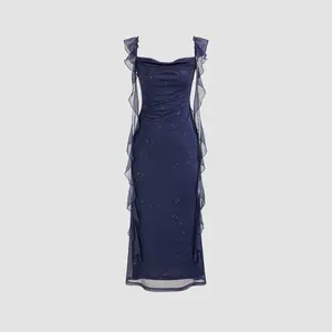 Cider Cowl Neck Solid Glitter Ruffle Hem Maxi Dress – Lined & Light Weight Sleeveless Dealsforyou