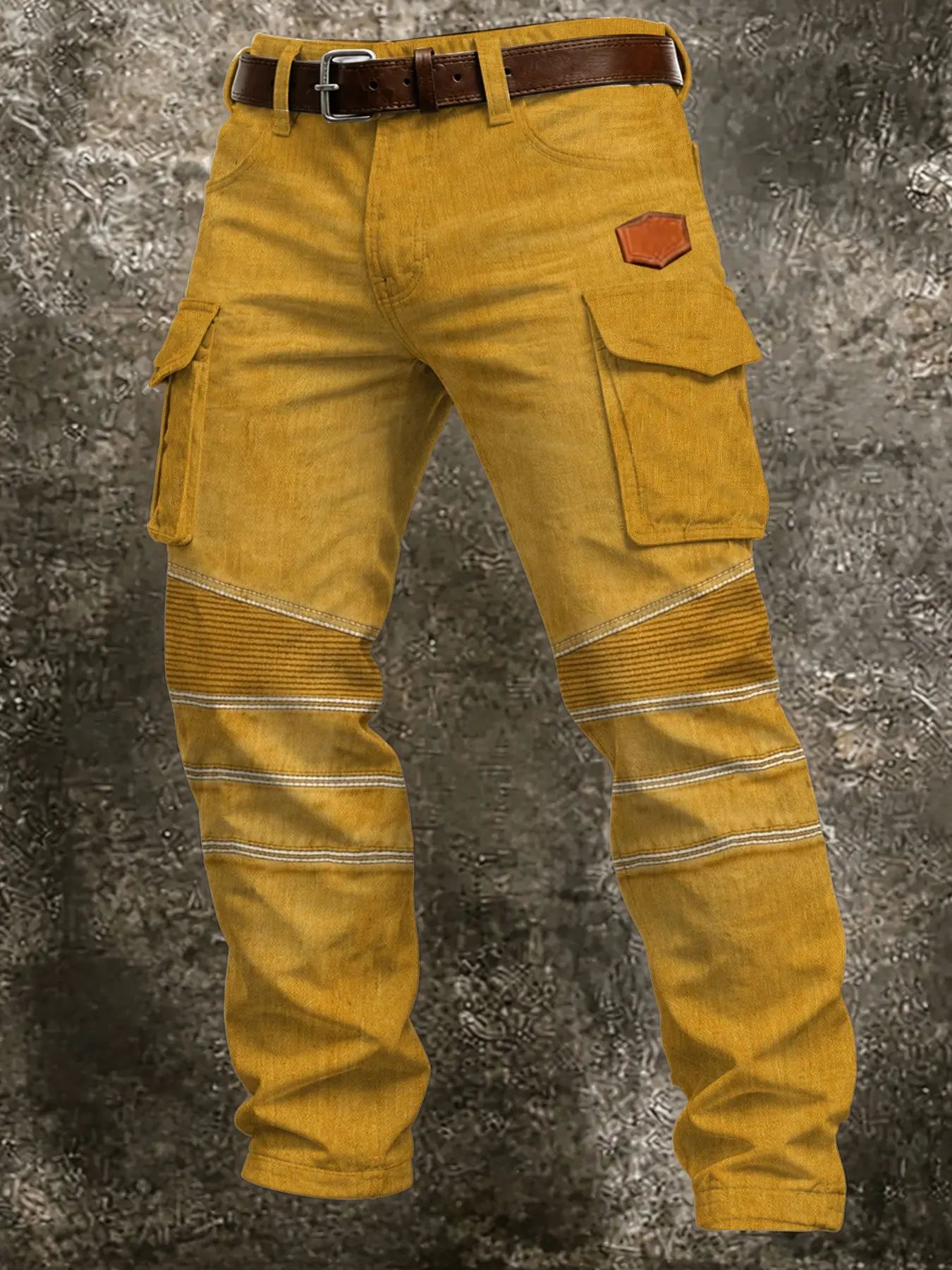Men's Earthy Knee Stripe Work Pants, Dual Side Pockets, Loose Fit, Outdoor Multi-Pocket, Fall & Winter Casual Trousers