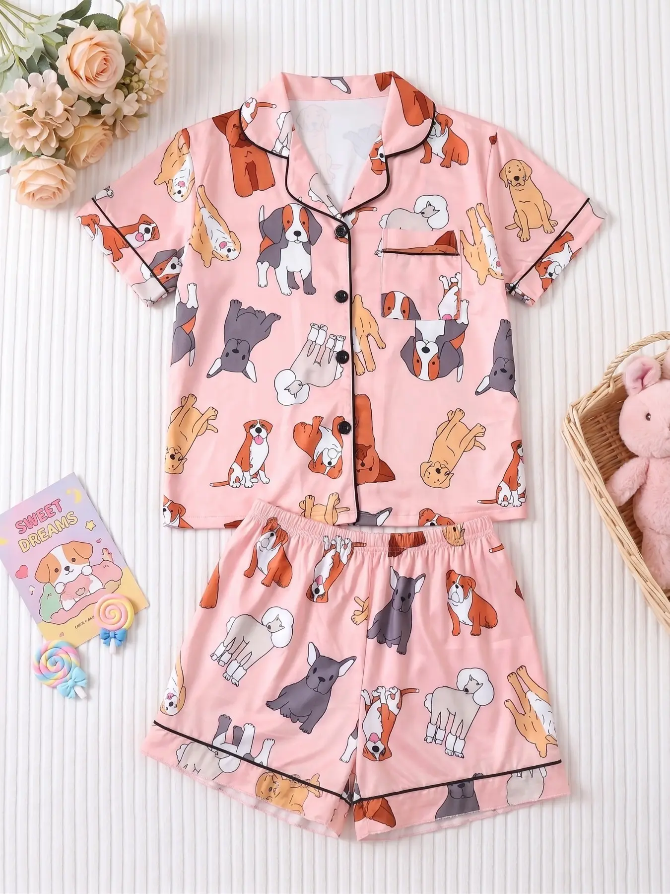 2-Piece Cute Cartoon Puppy Print Kids Pajama Set, Fashion Flame-Retardant Short Sleeve Shorts, Loose Fit Casual Sleepwear for Summer Children