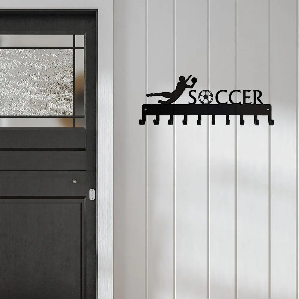 Male Soccer Goalie Medal Hanger Rack with 10 Hooks – Metal Wall Art | Includes Key Hanger, Towel Rack, and Coat Rack | Stylish and Functional Sports Decor for Organizing