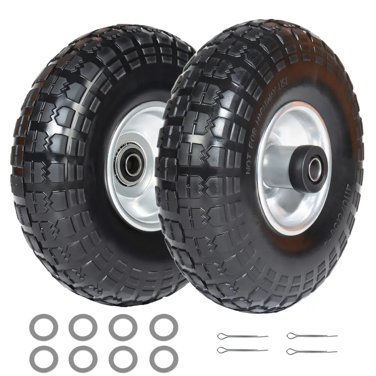 2pcs Heavy Duty 10-Inch Solid Rubber Wheel Set - 4.10/3.50-4 Flat-Free Tire, 5/8" Bearing, 350 lbs Load Capacity, 10.16x10.16x3.07 Inches, 3.12 lbs for Wheelbarrows, Carts (Electric Toy Accessory), Garden, Landscaping