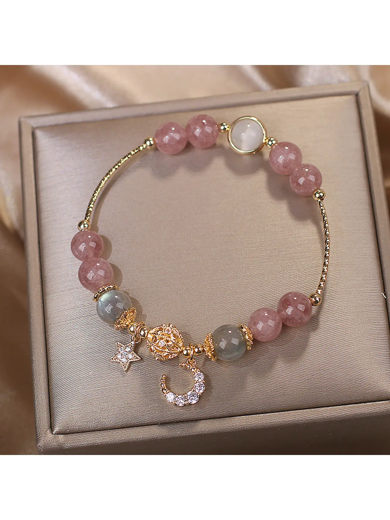 Women 18K Gold Plated June Birthstone Moonstone Strawberry Quartz Beaded Bracelet Star Moon Charm Dainty Healing Jewelry Gift For Birthday Mother's Day Christmas