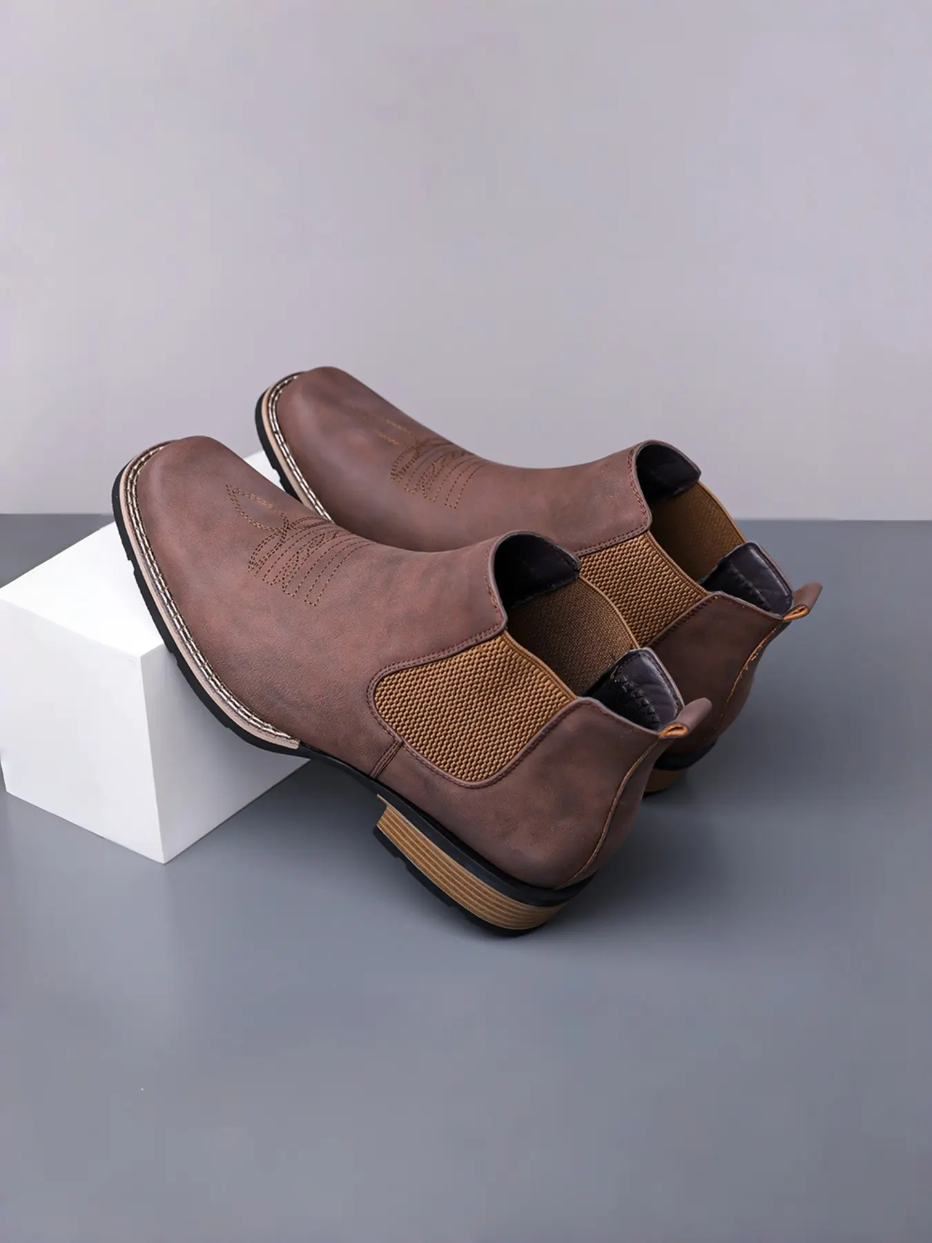 0808 Embroidered Chelsea Boots, No Laces, Western Retro Gentleman Style, Casual PU Leather, Wide Fit, Spring & Fall, Footwear