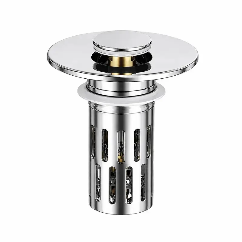 Three-In-One Upgrade Bathroom Sink Stopper, Universal Bounce Drain Plug with Detachable Brass Core Filter, Hair Catcher, Tool-Free Installation