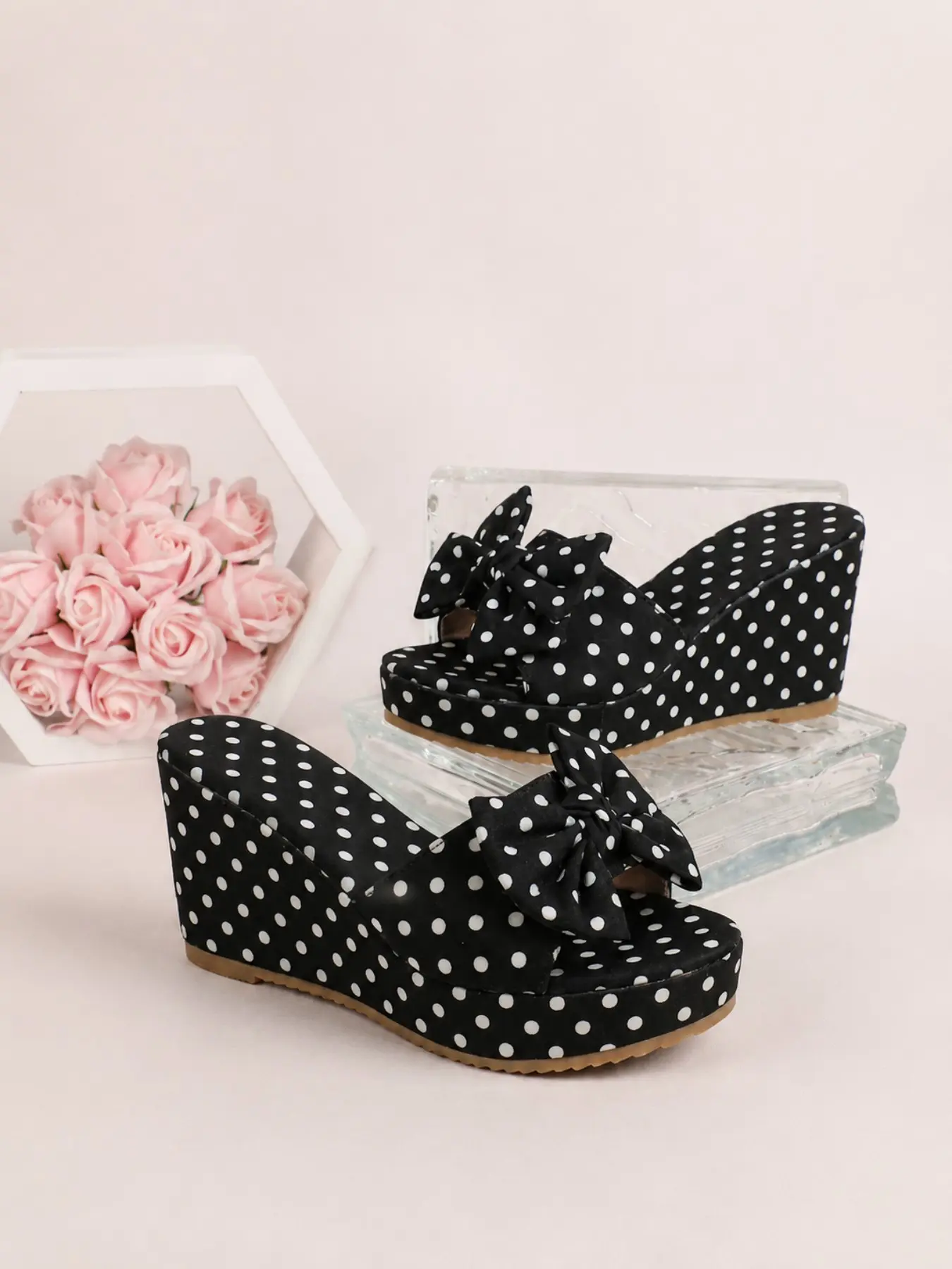 Women's Polka Dot Bow Wedge Sandals, Summer Outdoor Thick Sole Heeled Slippers, Versatile Anti-Slip Footwear, Comfortable and Stylish