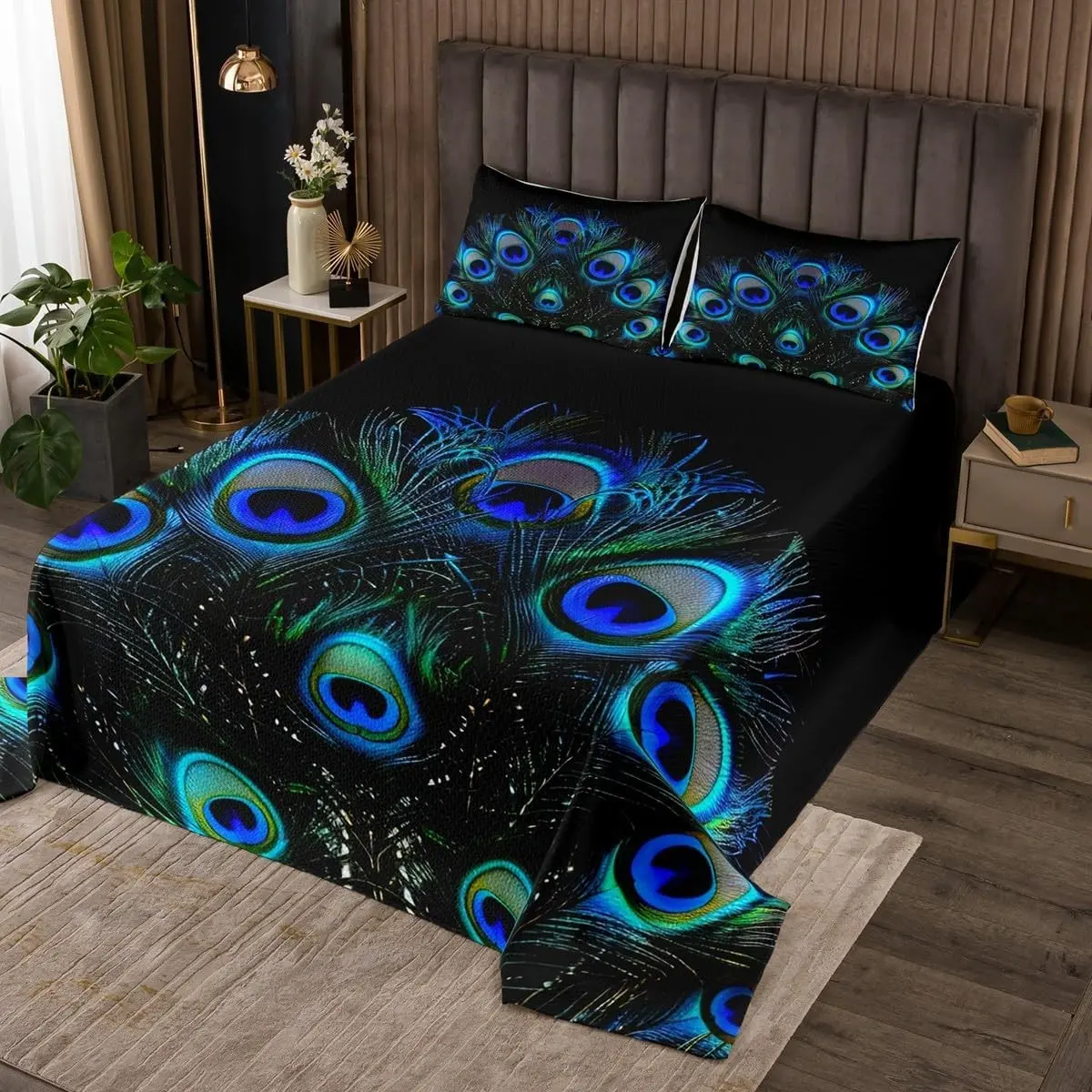 Peacock Feather Coverlet Set Wild Animal Bedspread for Boys Girls Youth,Wildlife Bedding Set Fashion Novelty Luxury Bedroom Decor Queen Size Blue Green Teal Black