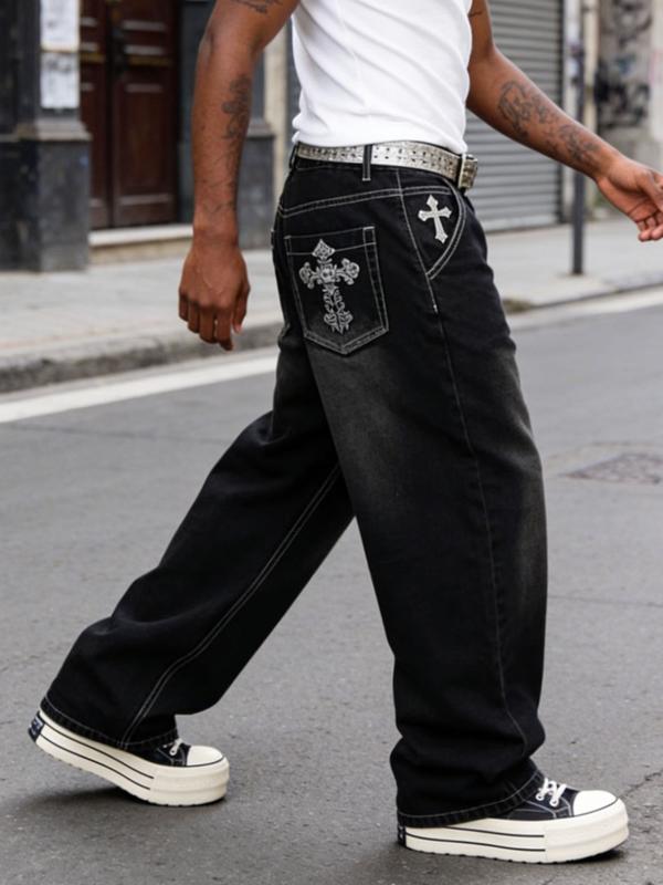 Pocket Embroidered Loose-Fitting Wide-Leg Jeans, Y2K Street Retro Trendy Denim Jeans, All Seasons Fashion for Unique Style