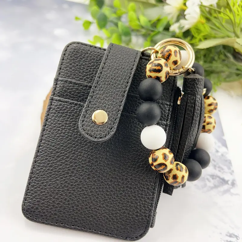Women's Cute Leopard Pattern Beaded Keychain & Wallet, Trendy Card Holder & Keychain Set, Chic All-match Keychain Set As Gift for Mom & Friends, Pu Card Holder