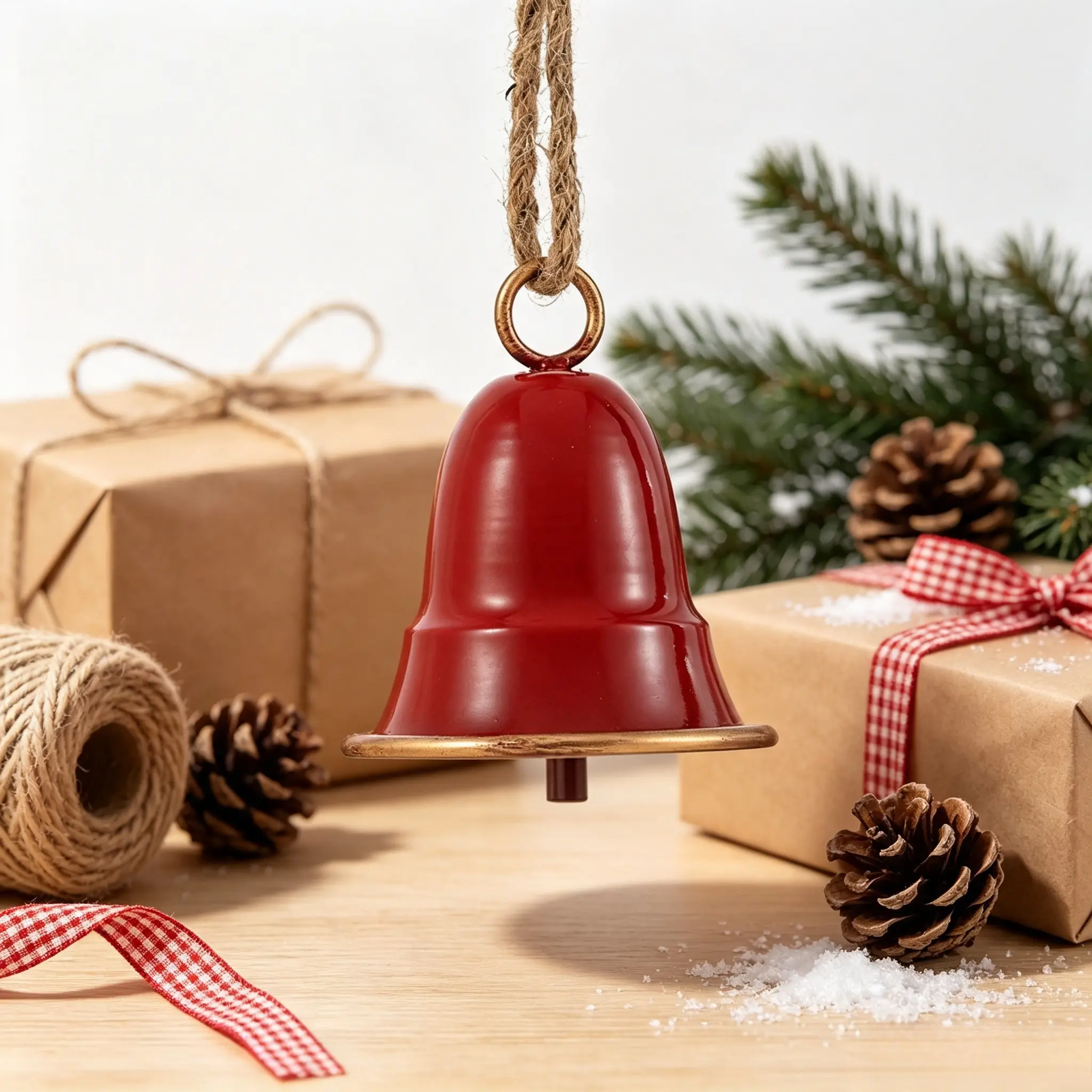 Metal Christmas Bell Ornament with Jute Rope, Vintage Xmas Tree Hanging Decoration for Holiday Home Decor