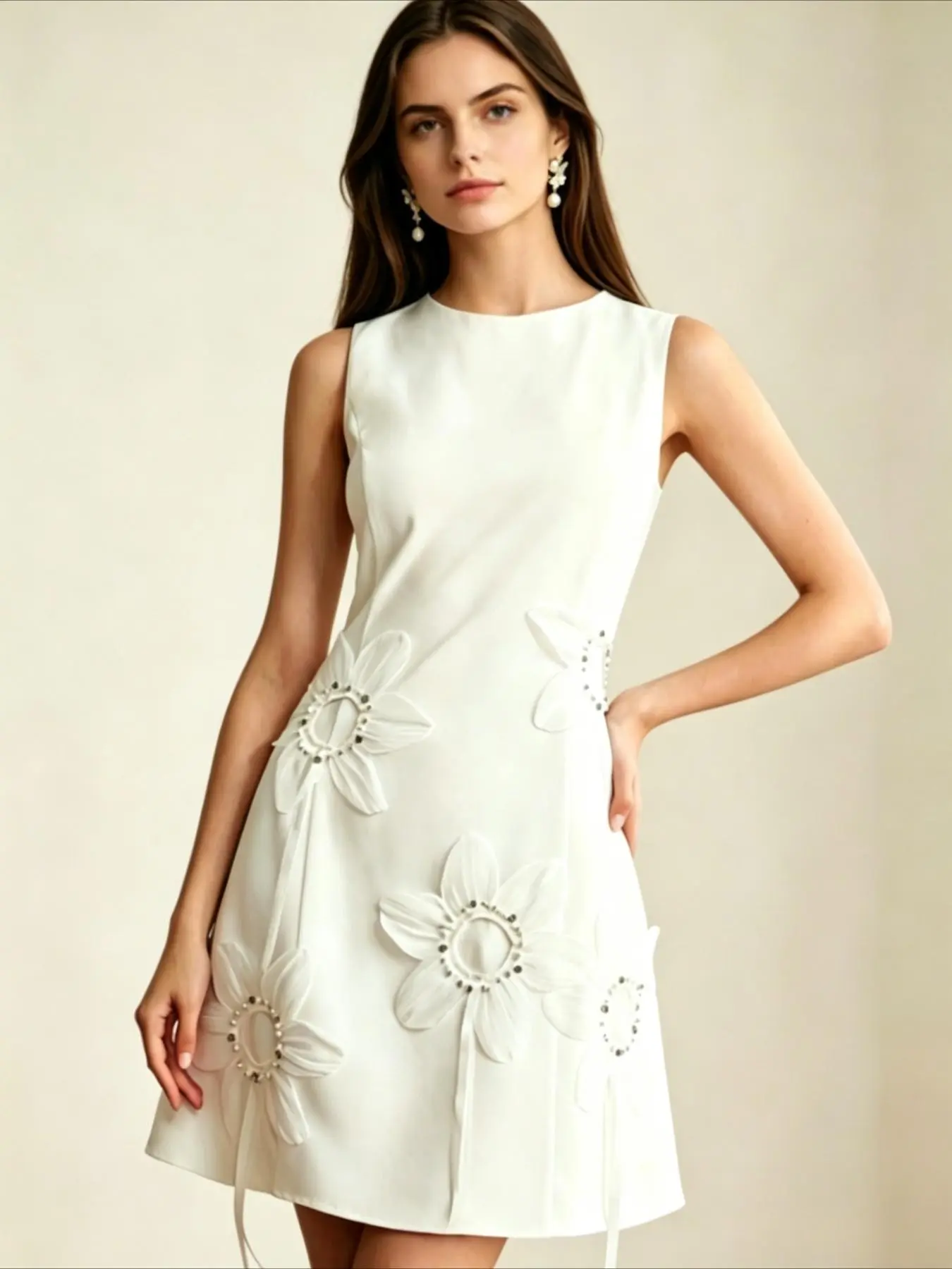 Fresh 3D Organza Flower Rhinestone Embellished Sleeveless A-Line Floral Mini Dress for Women, Elegant Party Wear, Summer Fashion