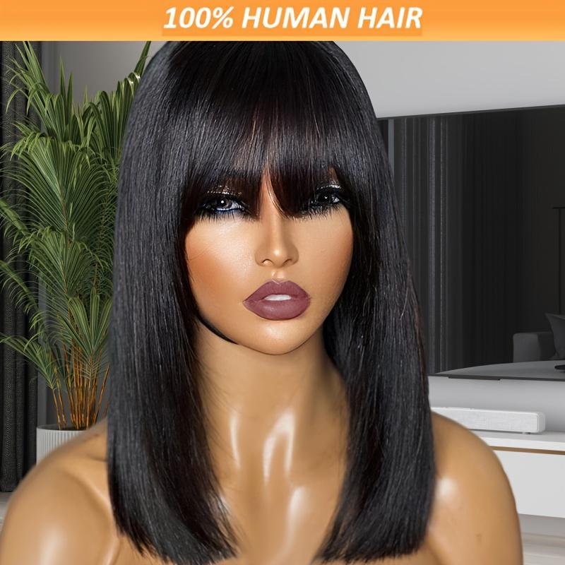 New Fashion  Human Hair Wig 180 Density Natural Clolor Straight BOB Wig with Bangs Full Machine Made for Women Pre Plucked 14A Grade Breathable Lace Natural Hairline Simple Wear Natural Look Brazilian Party Date Vacation Cosplay Halloween