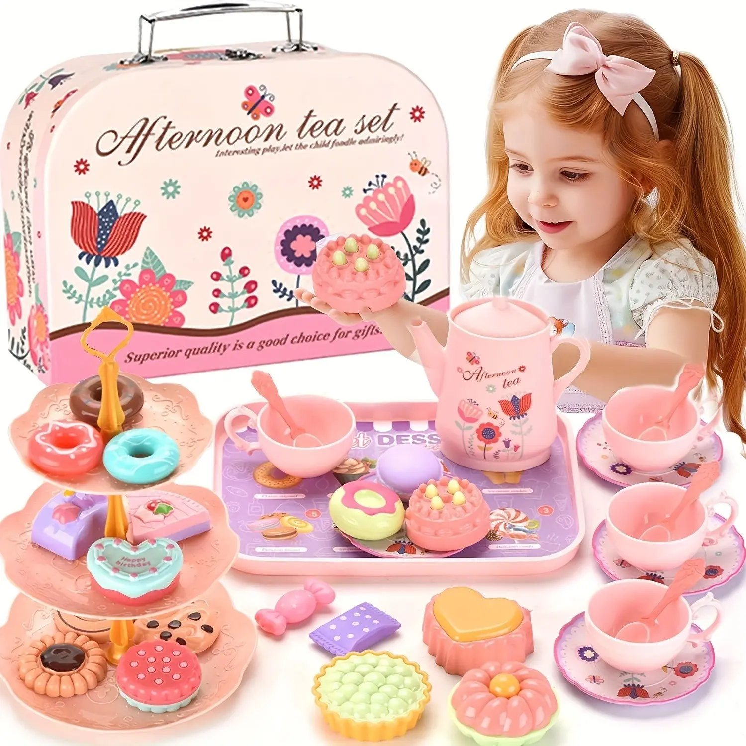 Kids Pretend Play Afternoon Tea Set - Pink Tea Party Toy with Teapot, Cups, Desserts & Suitcase, Ideal Christmas Birthday Easter Gift for Girls, Toddler Play Kitchen & Tea Time Accessory