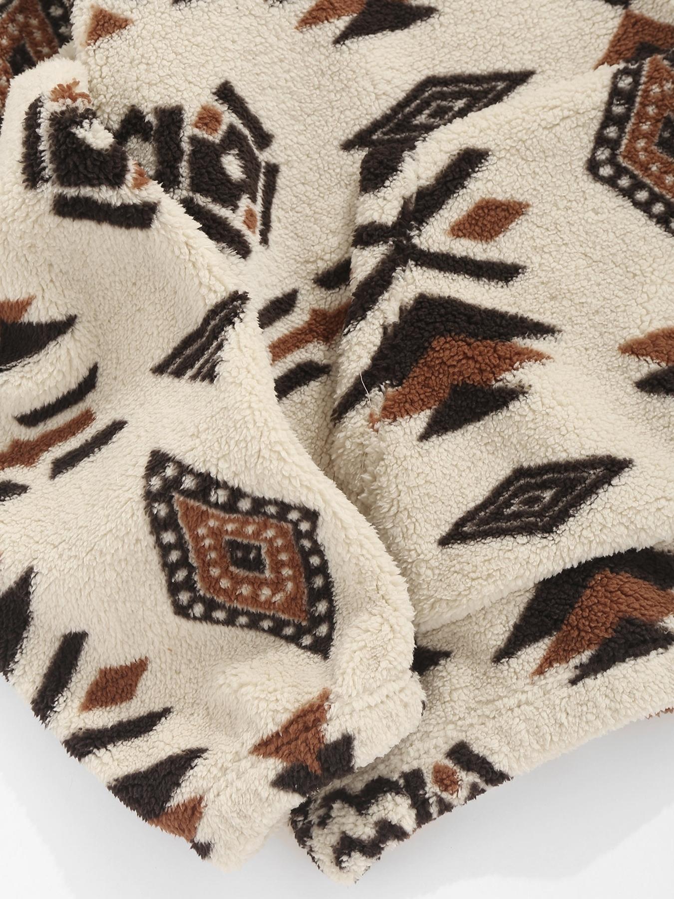 Men's Ethnic Pattern Drop Shoulder Zipper Sweatshirt, Regular Fit Casual Comfy Long Sleeve Stand Collar Pullover for Fall & Winter, Men's Clothes