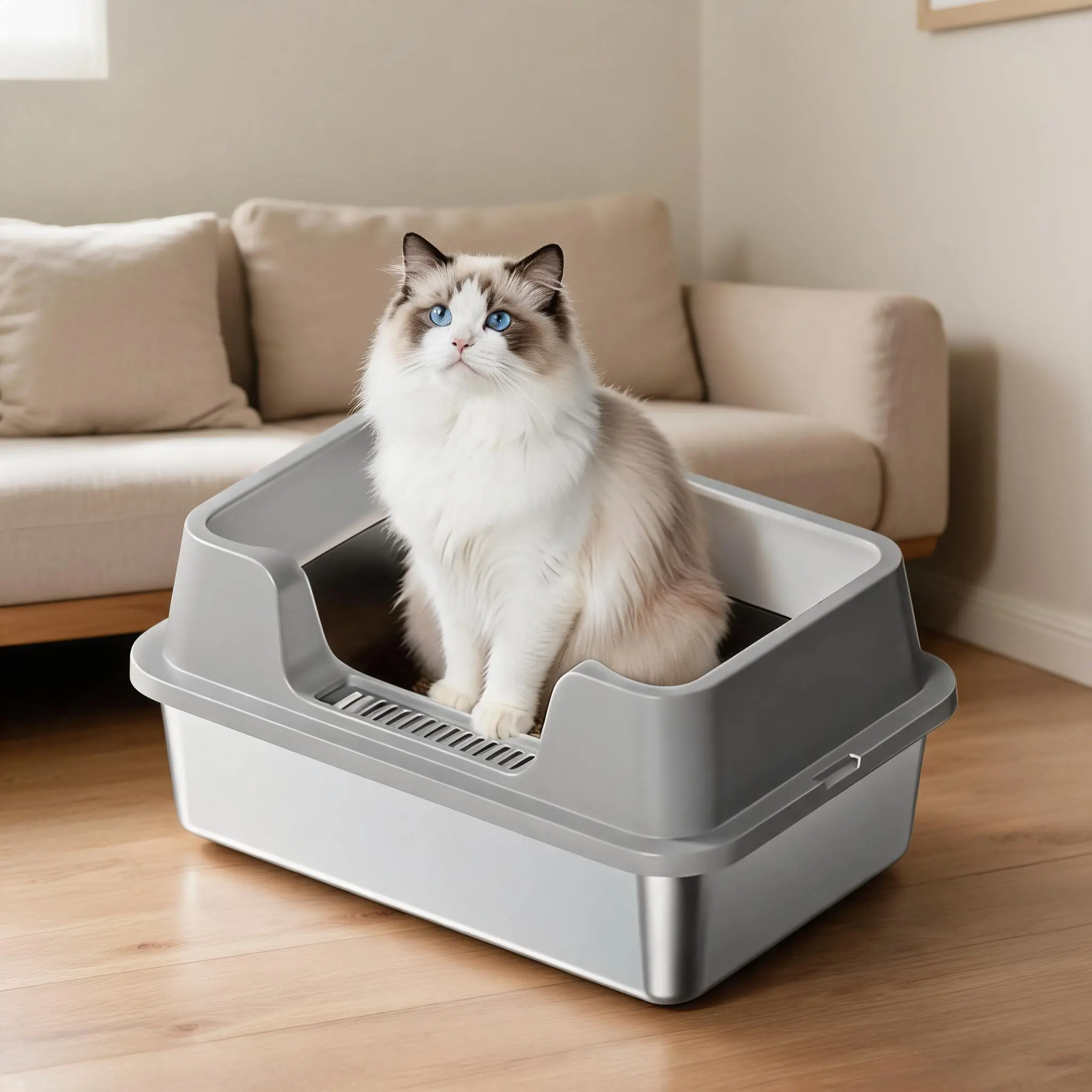 50x35x22cm Stainless Steel Cat Litter Box | High Sided, Leak-Proof, Non-Slip & Easy-Clean – Semi-Enclosed for Multiple Cats, Grey/Black/White
