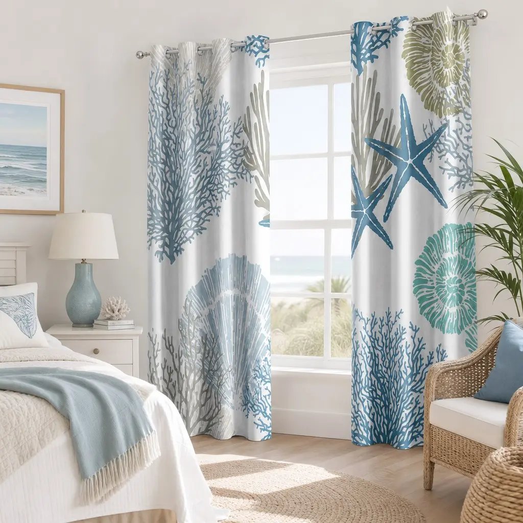 Blue Coastal Semi-Sheer Curtains, Beach Nautical Starfish Coral Pattern, Thermal Insulation, Metal Rings, Living Room Bedroom Decor, Set of 2