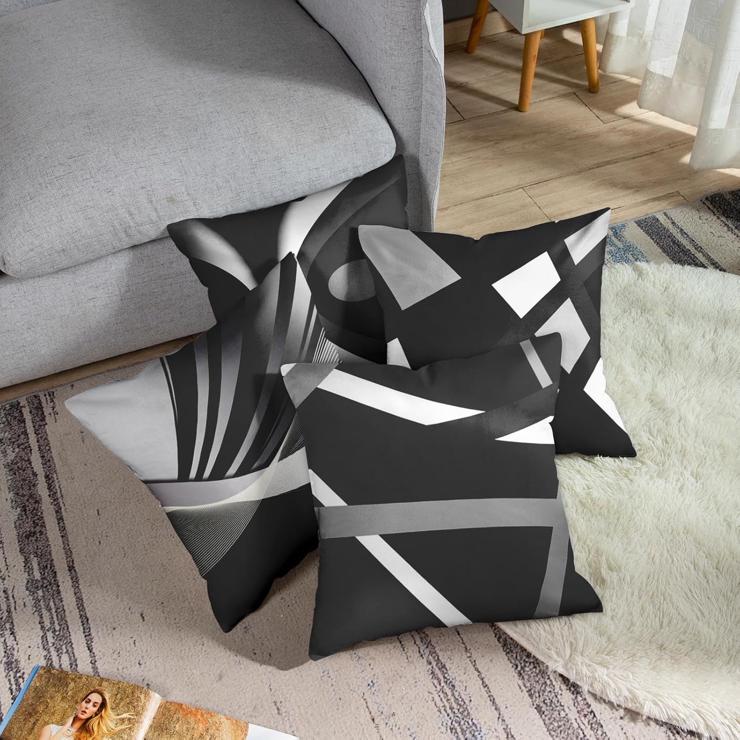 Set of 4 Black Throw Pillow Covers Modern Abstract Grey Stripes Gray White  Bold Decorative Pillow Cases Home Decor Square 18x18 Inches Pillowcases