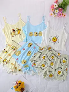 6-Piece Women's Pajama Set, Chicken Banana Potato Print, Summer Loose Fit, Casual Sleepwear, Comfortable and Breathable