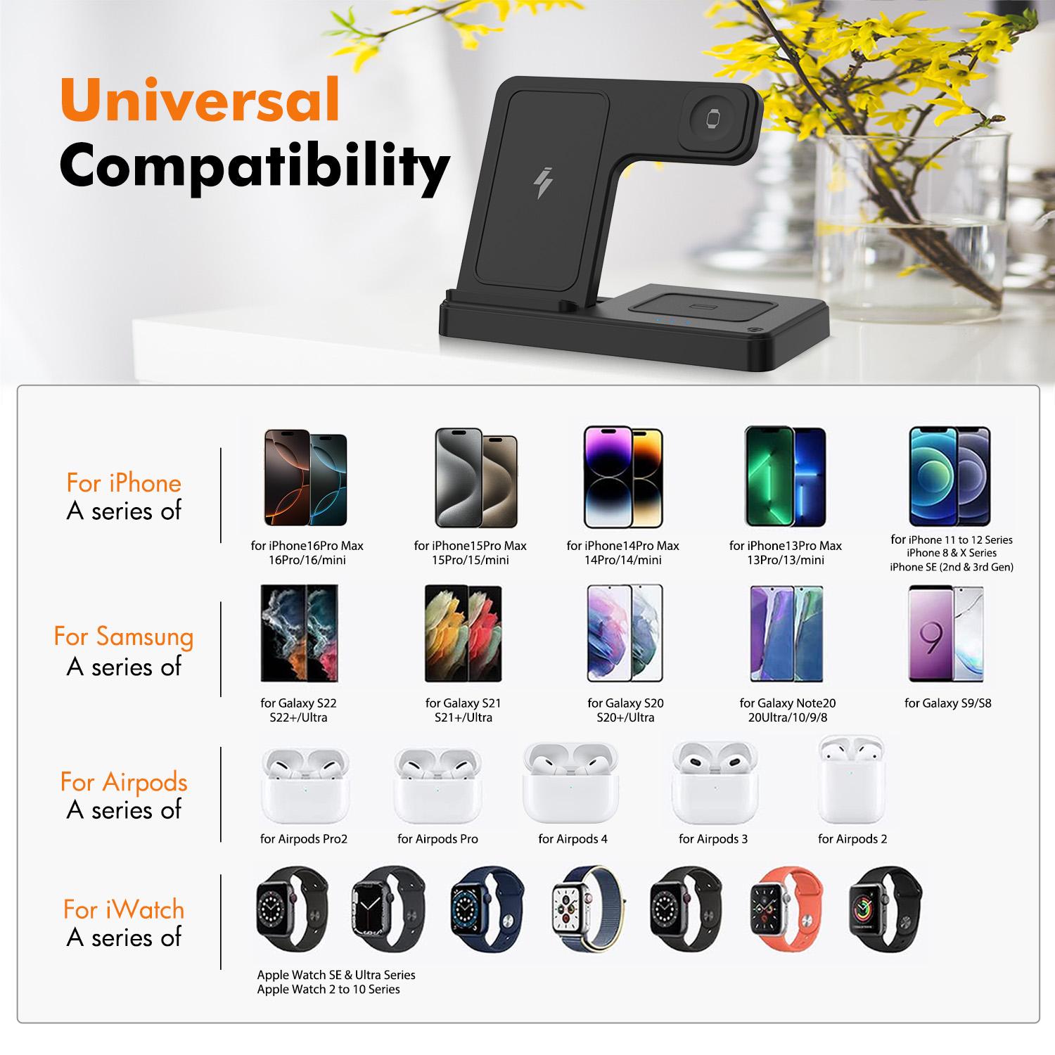 Portable 3-in-1 Wireless Charger Foldable Charging Station for iPhone 16 15 14 Pro Max 13 12 11 iWatch 9 8 7 6 5 4 3 2 SE AirPods 3 2 Pro Multiple Devices Compatible with Android Phones and Smartwatch