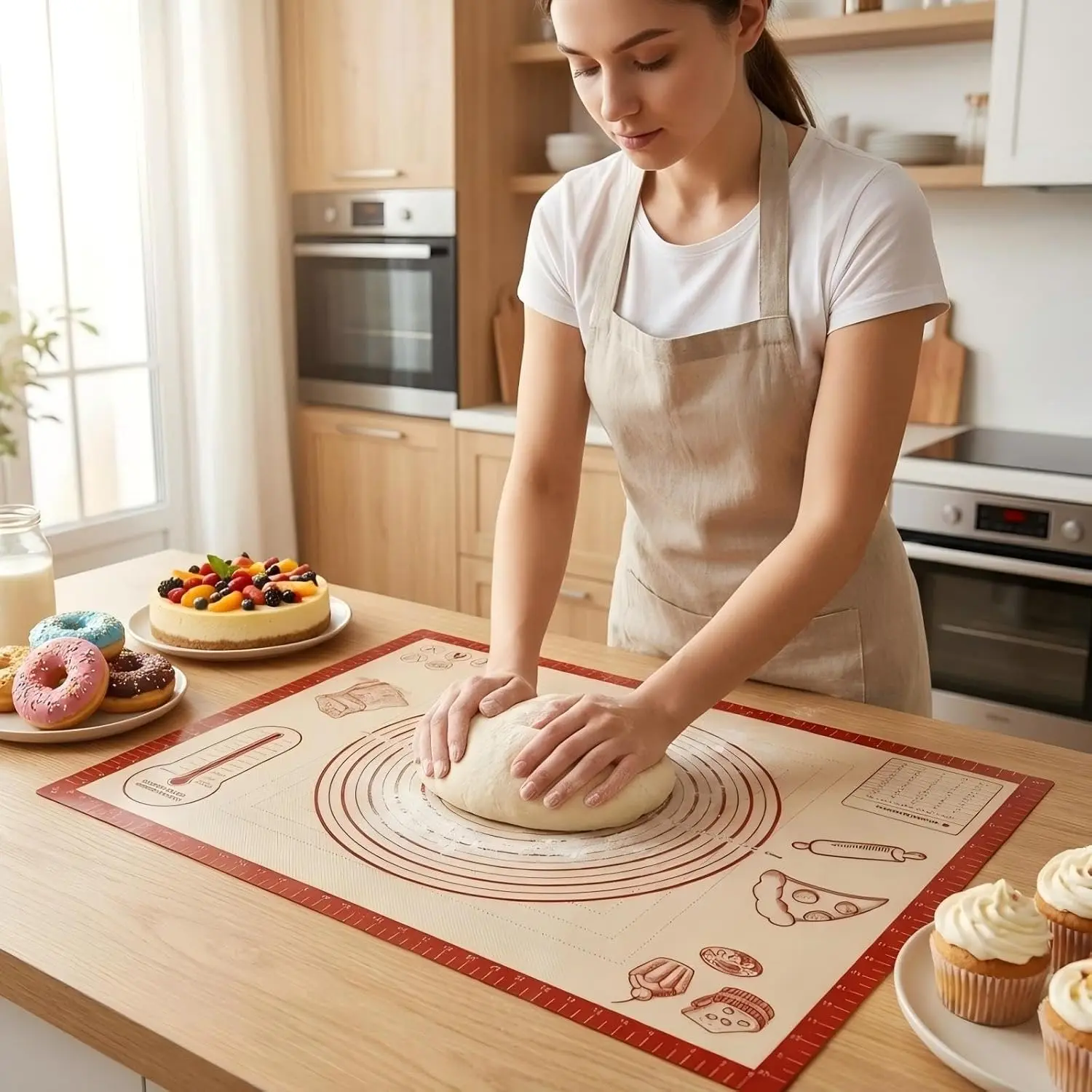 Food Grade Silicone Baking Pastry Dough Mat - 28x20in Extra Large, Oven-Safe, Nonstick Kitchen Counter Kneading Board, Thick Reusable Printed Mat for Cookie, Bread Making with Measurements