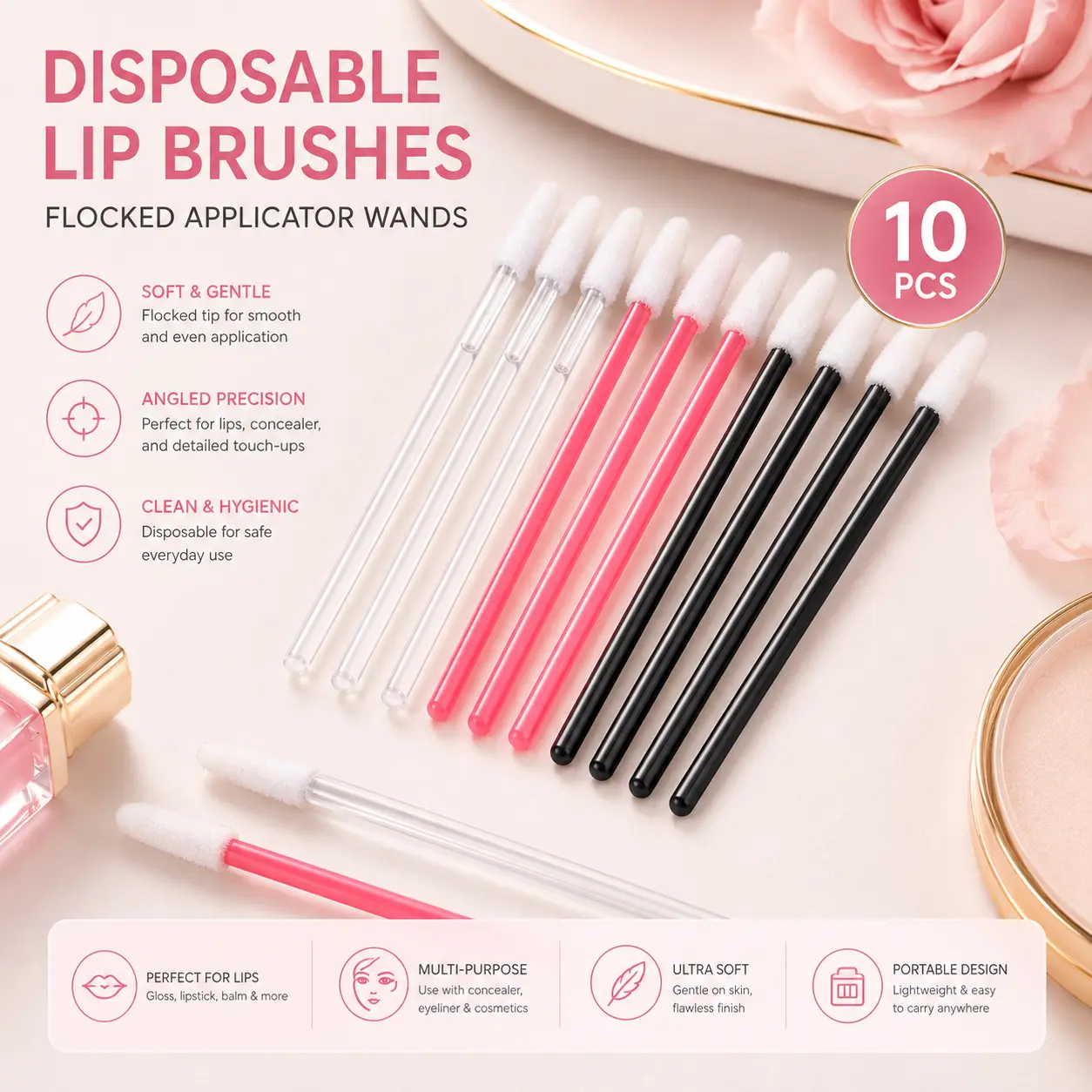 10 Pack Disposable Lip Wands, Soft Lint-Free Lip Gloss & Lipstick Applicator Brushes, Makeup Wands for Lips, Eyes & Beauty Application