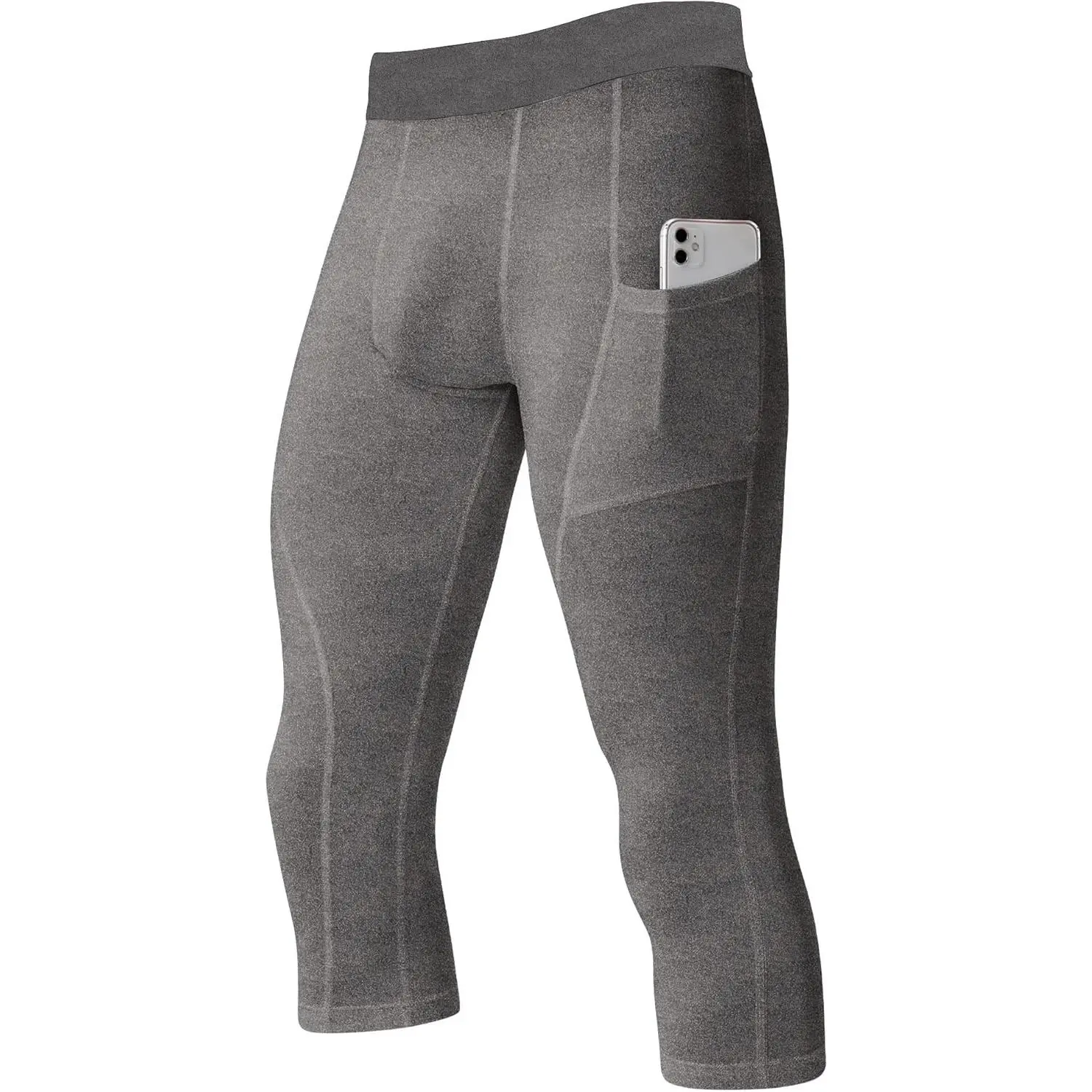 Men's 3/4 Compression Pants Athletic Capri Leggings Dry Fit Running Tights with Pocket Basketball Sports Gym Baselayer(Gift)