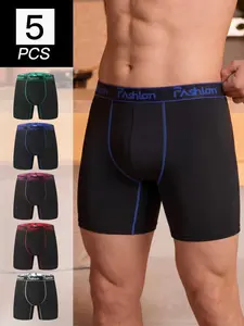 Men's Solid Color Boxer Briefs, 5-Pack Loose-Fitting Trunks, Casual Patchwork Design, All-Season Innerwear for Young Men
