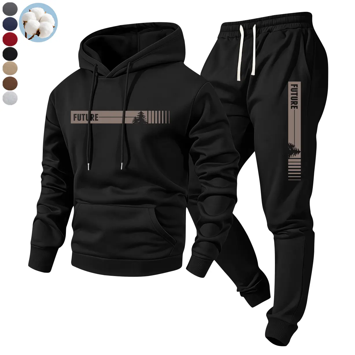 Men's Future Graphic Print Pullover Hoodie and Jogger Sweatpants Set, Drawstring Hooded Sweatshirt with Kangaroo Pocket, Elastic Waist Tapered Pants, Casual Tracksuit Athleisure Outfit for Everyday Wear, Travel, Workout, Running, Outdoors, Fall and Winter