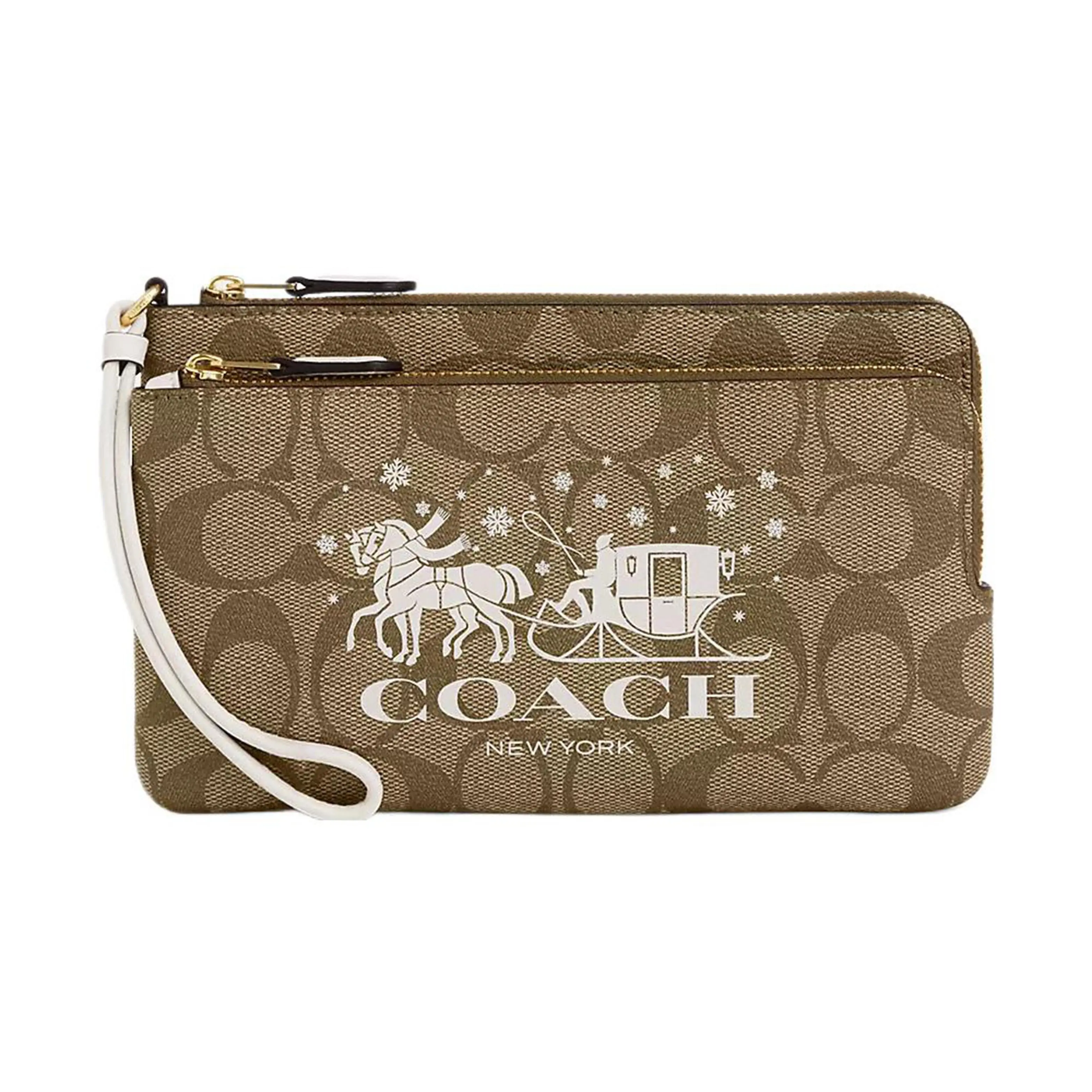 Coach Double Zip Wallet for Women – Classic Carriage Print Canvas and Leather Wristlet in Khaki and Chalk