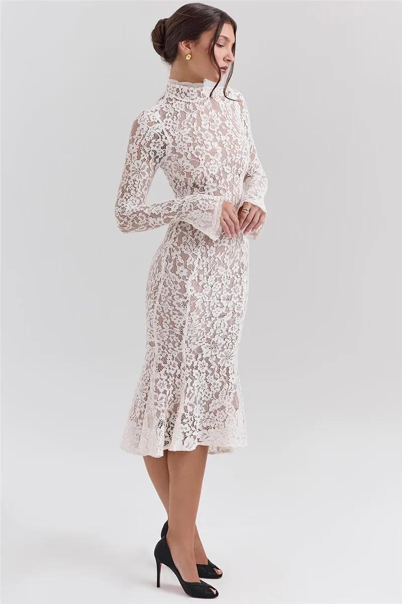Lace Long Sleeve Sexy Midi Dress For Women Elegant White Half High ...