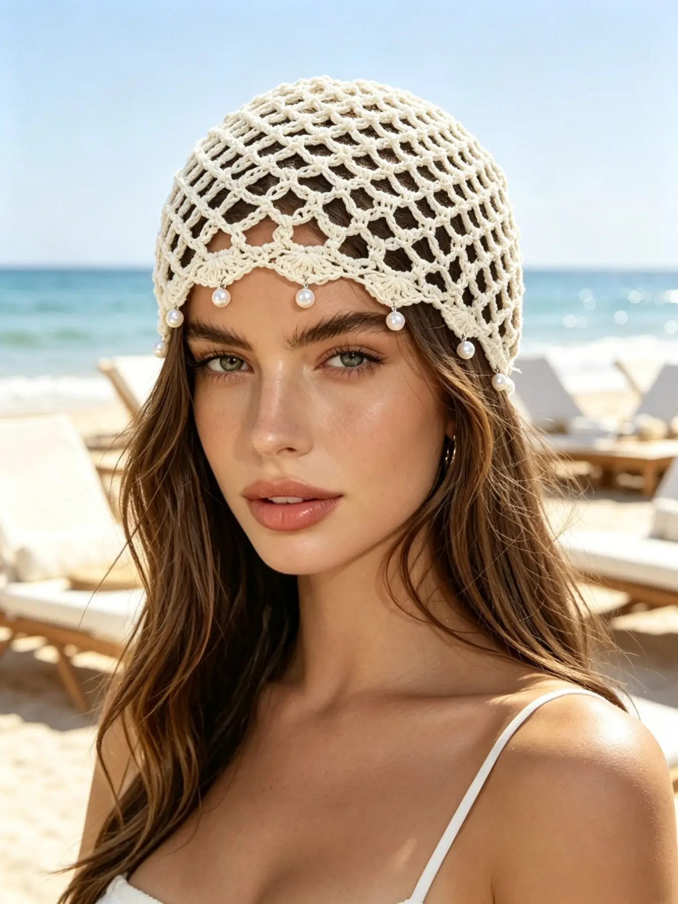 Vintage Sequin Hollow Knit Hat, Pearl Pendant Scarf, Vacation Style Mesh Hat, Spring Summer Versatile Beanie, Trendy Headwear, Casual Summer Hat