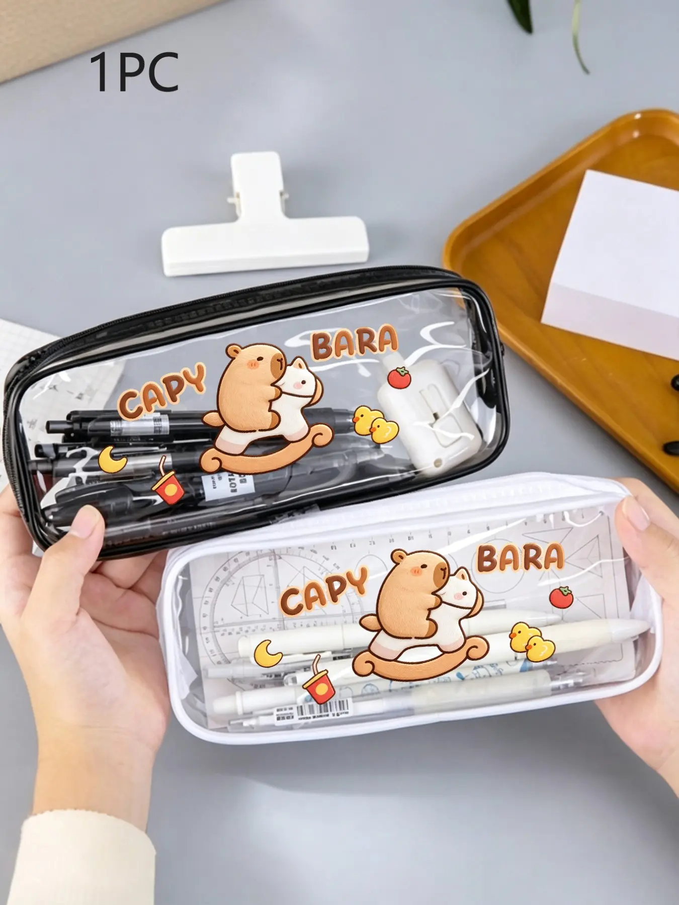 1pc Cute Capybara Clear Pencil Case, Kawaii Transparent Pen Bag, Large Capacity Zipper Stationery Pouch, Ideal for Students and Office Use