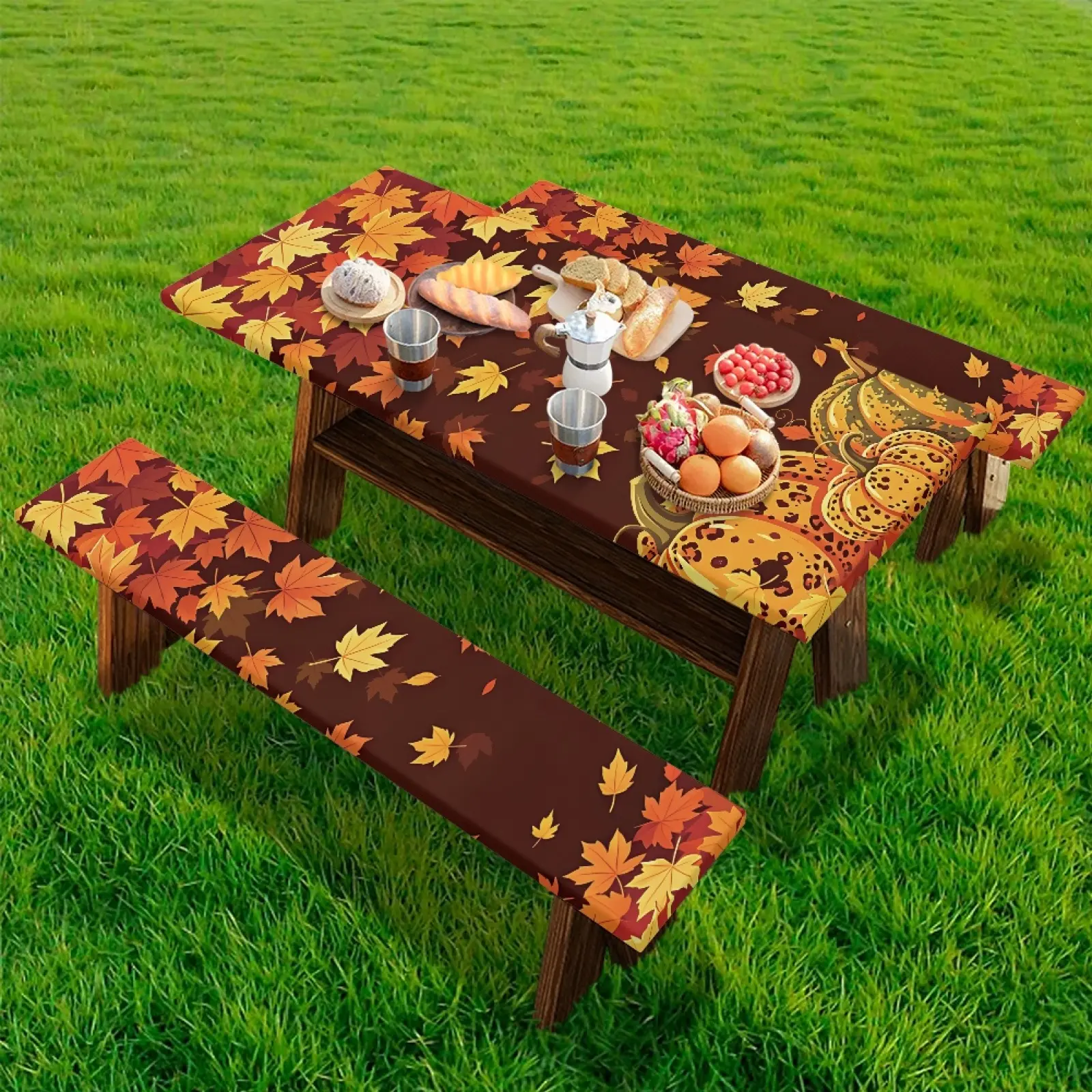 72X30Inch Decorative Autumn Harvest Picnic Table Cover Set With Matching Bench Covers, Waterproof Windproof Heavy Duty Fall Themed Tablecloth, Holiday Decor Essential Outdoor Protector For Park, Terrace, BBQ, Picnic, Camping, Fall Party