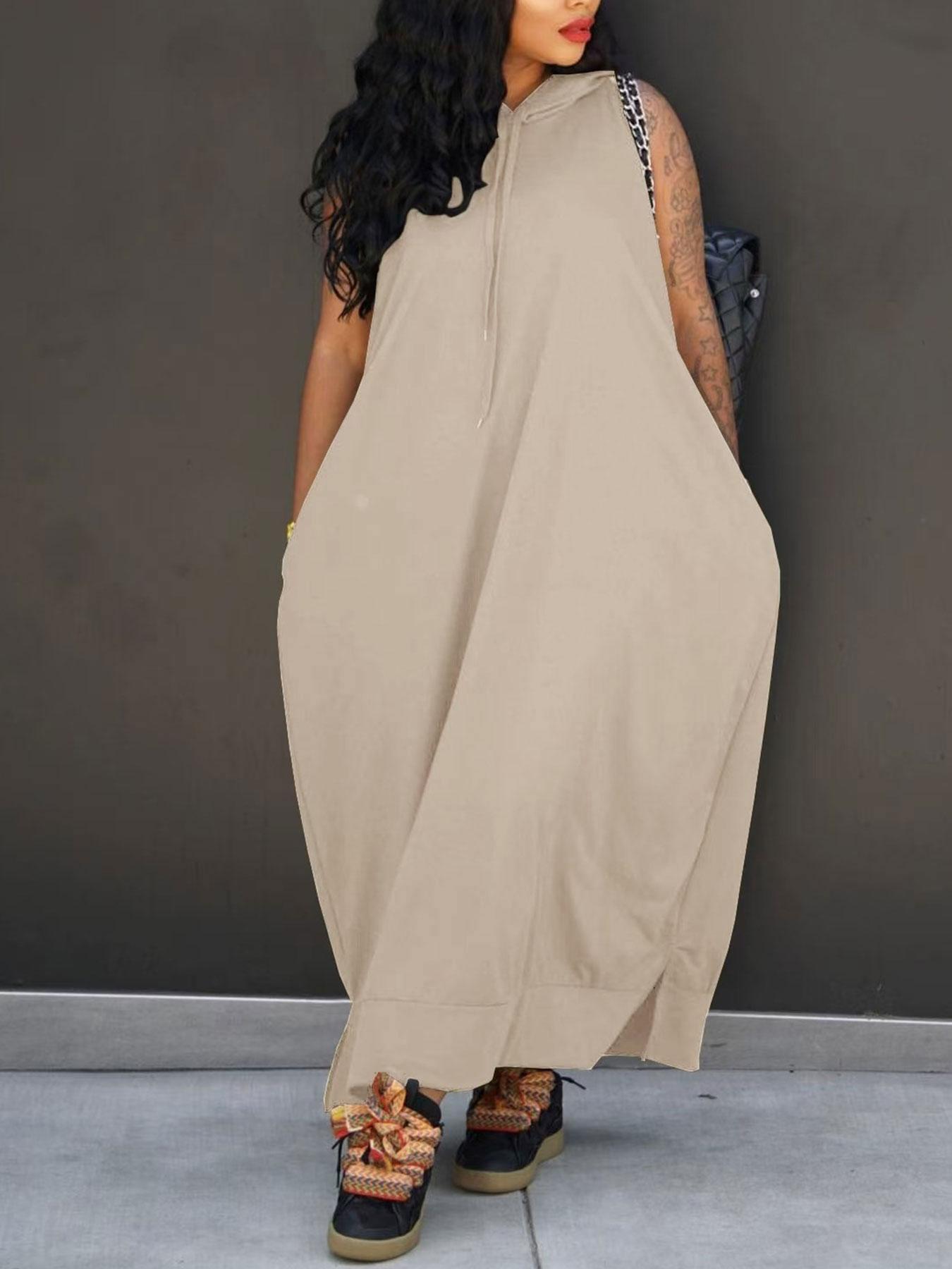 Women's Plain Drawstring Hooded Tank Dress, Casual Basic Pocket Sleeveless Dress for Summer, Fashion Women's Clothing for Daily Wear, Casual Chic Dress