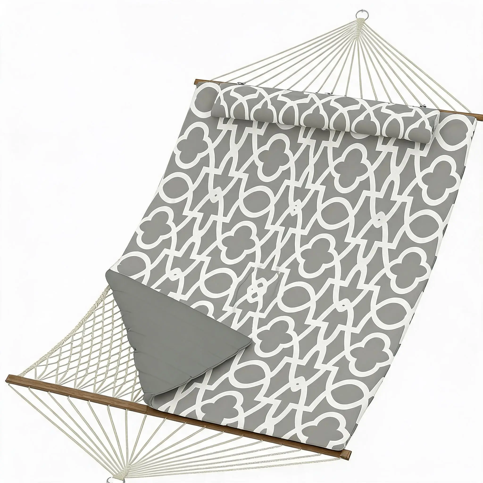 2 Person Outdoor Hammock with Stand, Cotton Rope Hammock with Polyester Pad, Adjustable Steel Frame, 2-in-1 Hammock for Patio, Backyard, Garden, Beach