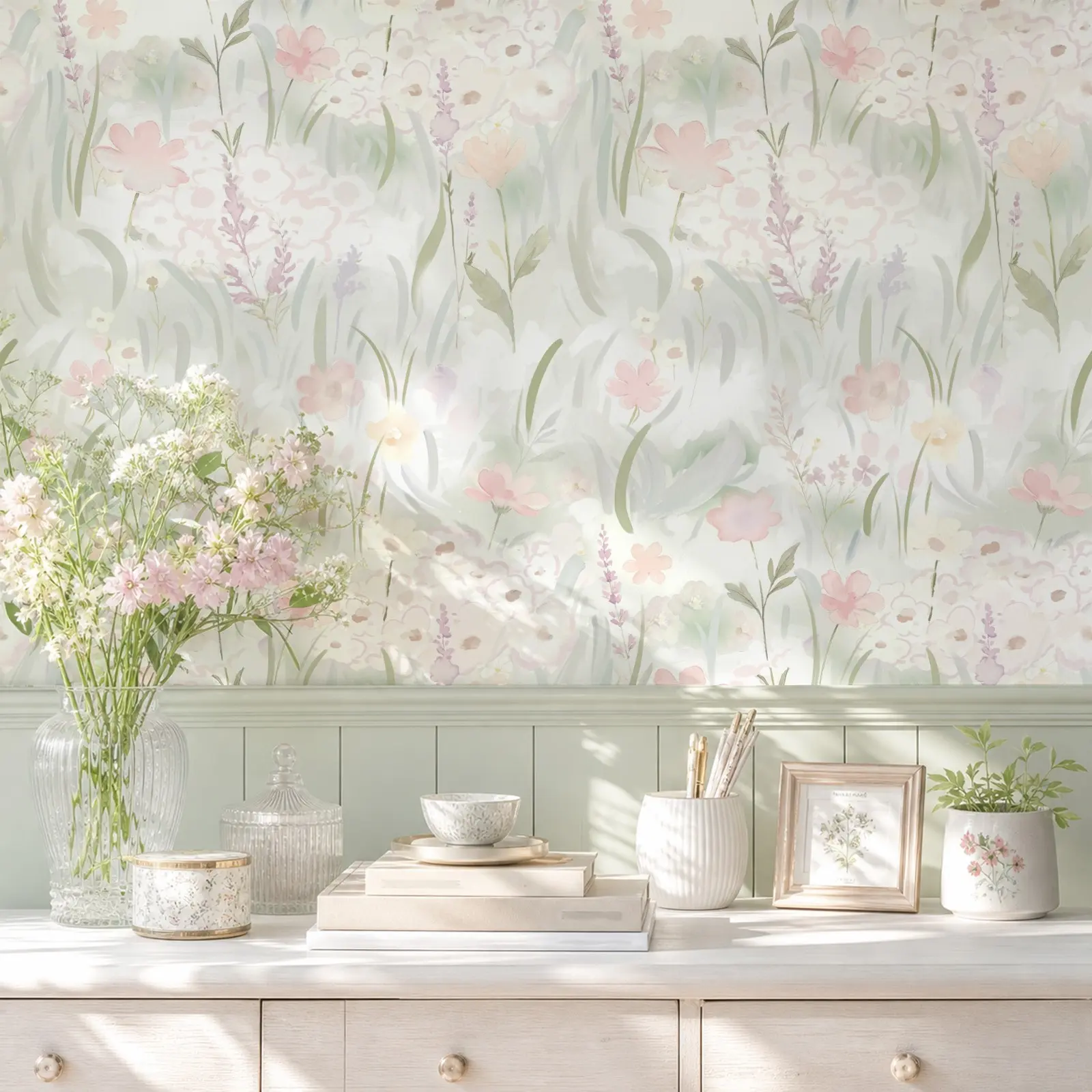 Light Floral Self-Adhesive Wallpaper, Morandi Watercolor PVC Wall Sticker, Waterproof and Removable, Cream Style, 44x300/500/1000cm
