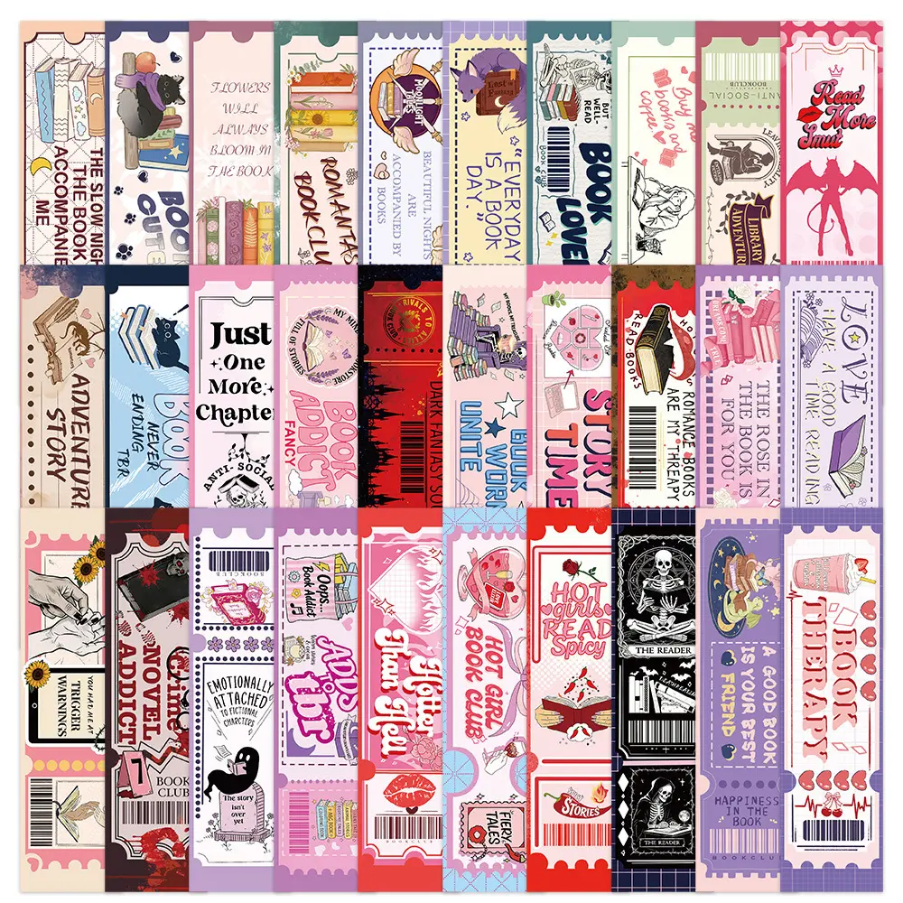 30Pcs Book Ticket Style Bookmarks, Cute Reading Themed Paper Bookmarks with Fun English Slogan, Planner Accessories and Office Products for Journal, Notebook, Scrapbook DIY Decoration