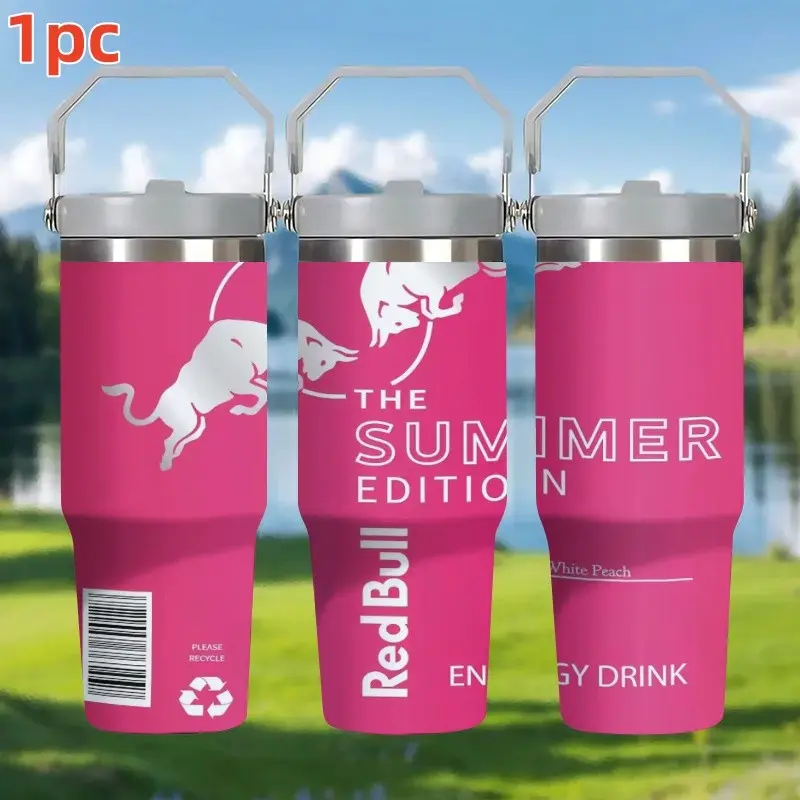 1pc 30oz 900ml Red Bull Summer White Peach Limited Insulated Travel Tumbler with a straw, which can only be cleaned with water. Perfect for office use and picnics, it is an ideal gift for Father's Day and Mother's Day
