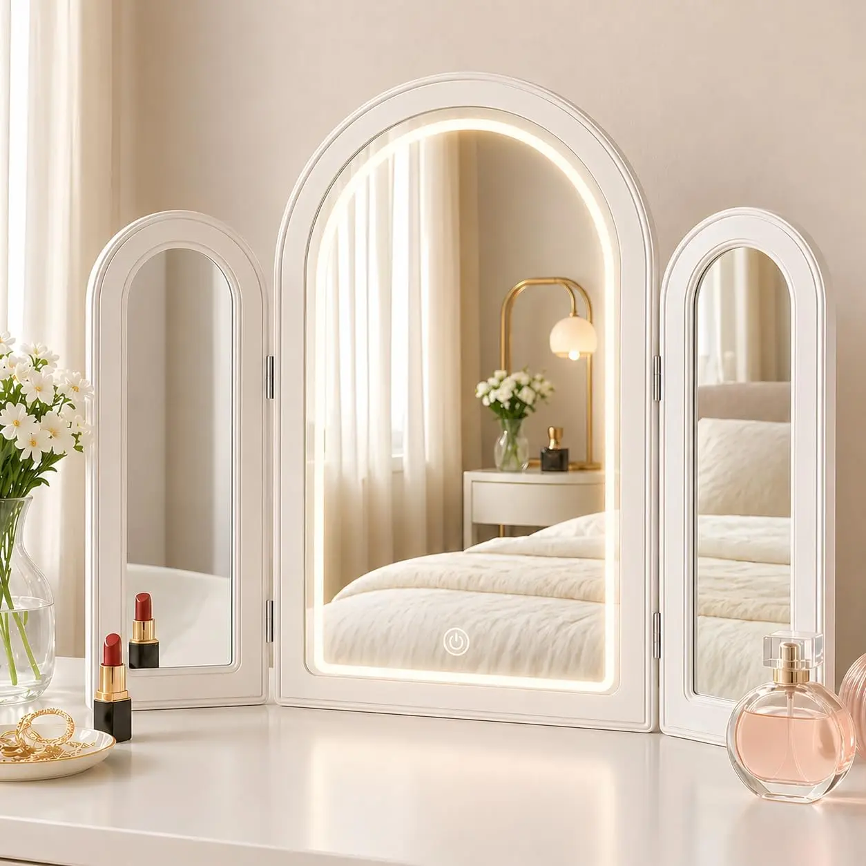 Trifold Vanity Mirror with LED Lights 30"Hx37"W, 3 Way Large Makeup Mirror for Tabletop or Wall Mount, Arched Decorative Cosmetic Mirror, Countertop Mirror, Smart Touch, 3 Colors Dimmable, Wood Frame