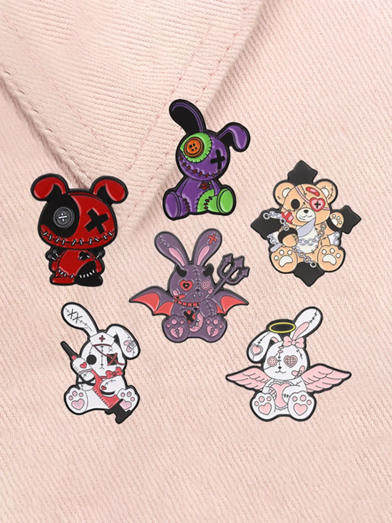 6-piece Halloween voodoo stitched doll enamel pins angel demon nurse shackle bear demon trident, rabbit. Gothic Alloy Brooches Lapel Backpack Clothing Decor Badge Fashion Jewelry Accessories Gifts for Friends