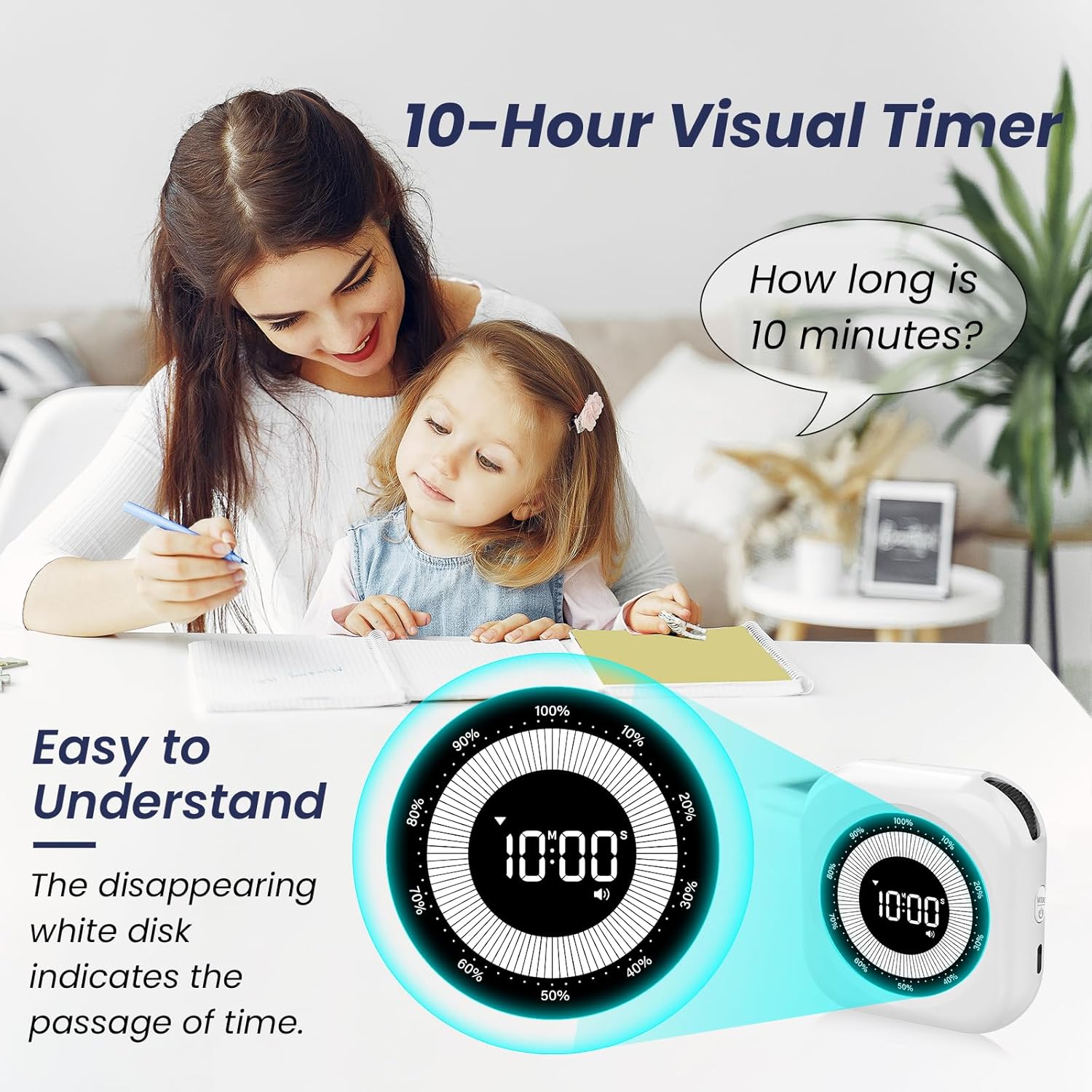 Visual Timer for , 10 Hours Countdown/Up, with Rechargeable, 3 Brightness Display, 3 Volume Levels and , Homeschool Study Tool, Large Digital Timers for Kitchen, Classroom