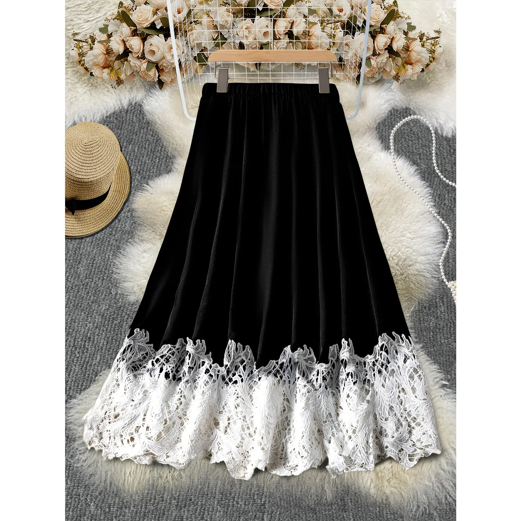 Women's Plus Size Solid Straight-Cut Polyester Midi Skirt with Contrast Lace Trim, Elastane Blend Bottom, Casual Elegant Wear, Hand Washable, Women's Clothes, Midi Length, Tall Size Skirts