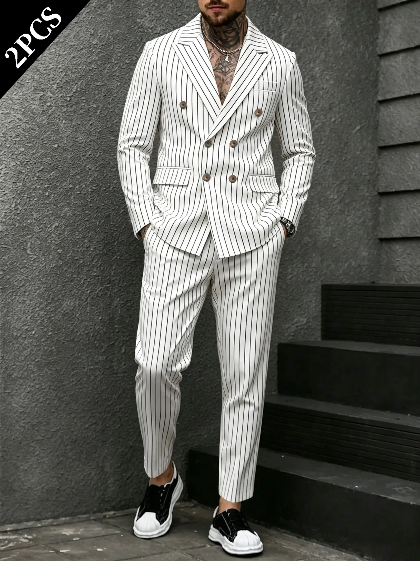 Men's Business Casual Blazer Set, Striped Suit and Pants, Two-Buckle Notch Lapel, Perfect for Weddings, Office, Formal Events