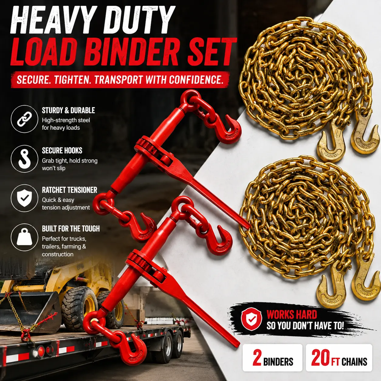 Grade 70/80 Ratchet Chain Binder Set - 12,000 lb WLL Load Binders w/ 10 ft Tie Down Chains & Hooks - Heavy-Duty Cargo Securing for Truck Trailer Flatbed Towing & Hauling - 2 Pack