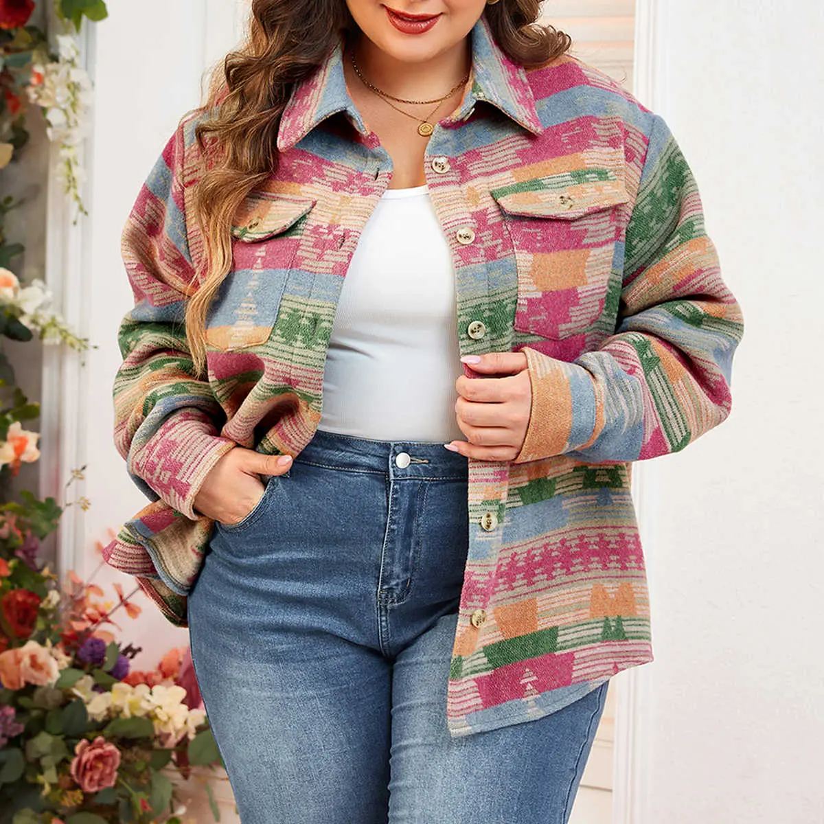 Pink Plus Size Aztec Printed Flap Pocket Shacket