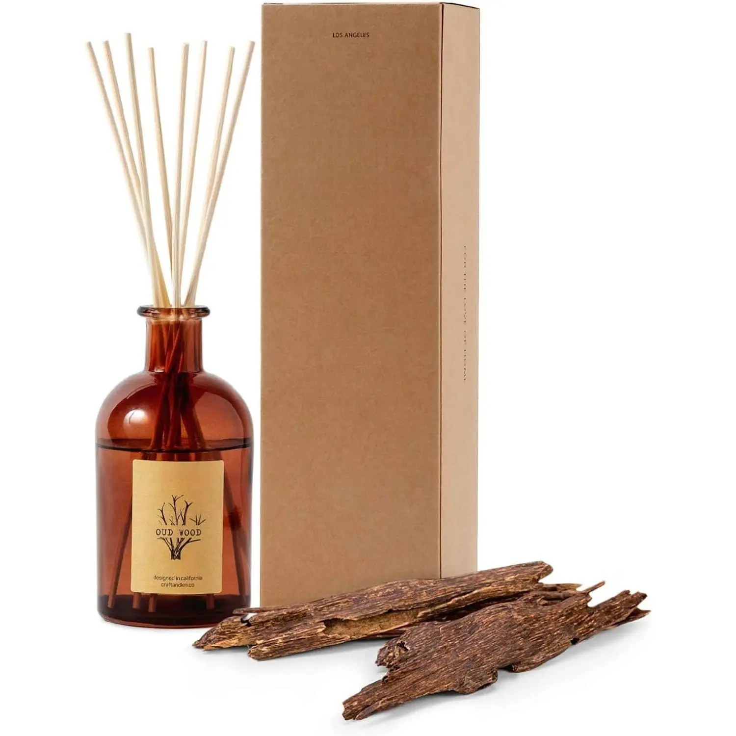 Oud Wood Reed Diffuser Bottle - 5.75oz Essential Oil Diffuser for Home, Bathroom, Indoor Recreation - Up to 120-Day Fragrance, 8 Rattan Reeds, Amber Glass Room Decor, 8 Sticks