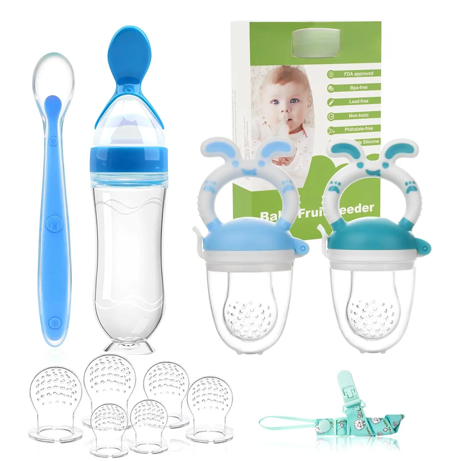 Baby Fruit Feeder Pacifier |   2 Infant Food Feeder Pacifier & Baby Food Dispensing Spoon |   Mesh Fresh Fruit Teethers  Babies Teething Feeders |   Shower Gifts  Boys and Girls (Blue) New model